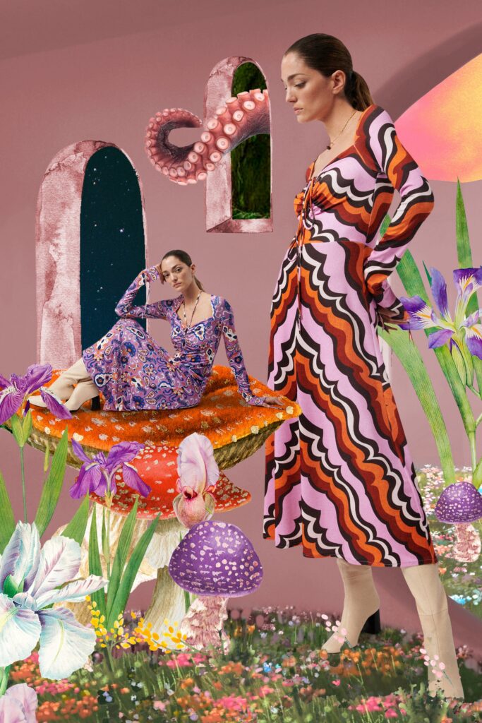 A relaxed pink and purple printed dress with long sleeves and a V-neckline.