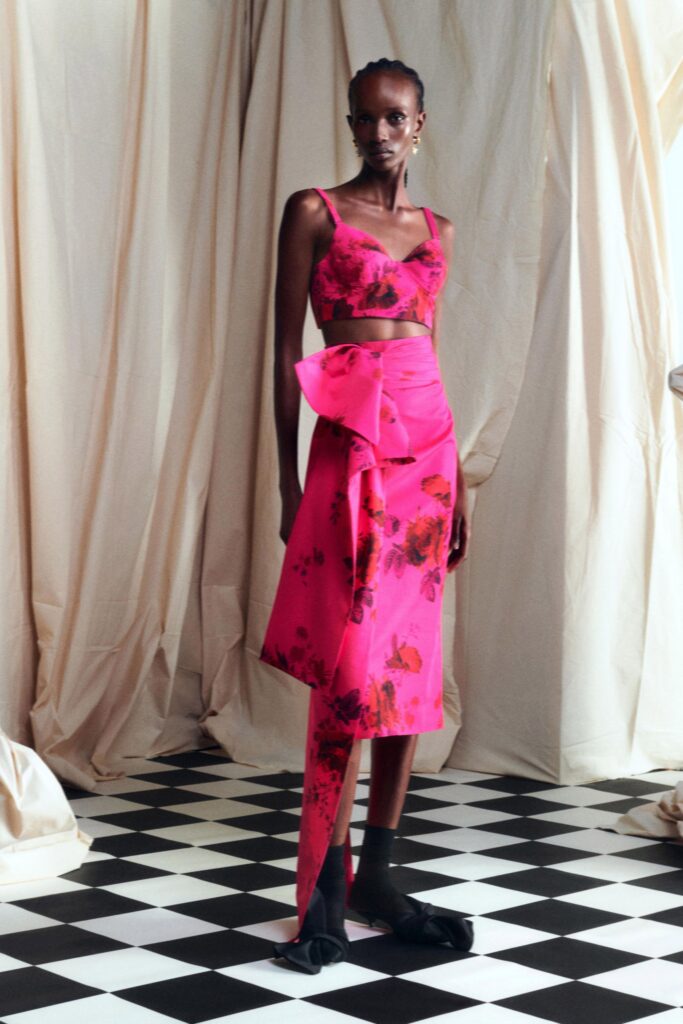 pink floral top and asymmetric skirt