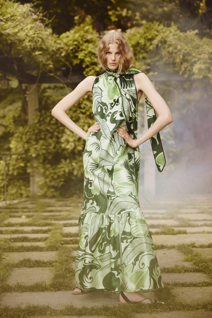 green silk gown with scarf