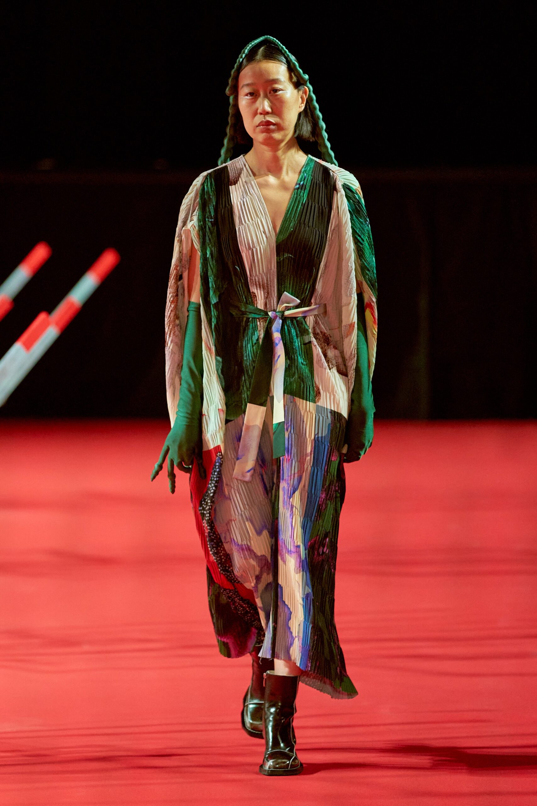 A relaxed multicolor silk dress with long sleeves and a V-neckline featuring a layered design.