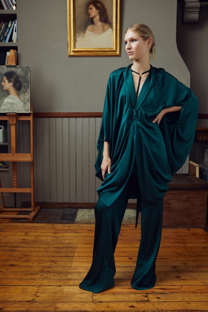 teal silk relaxed jacket and pants