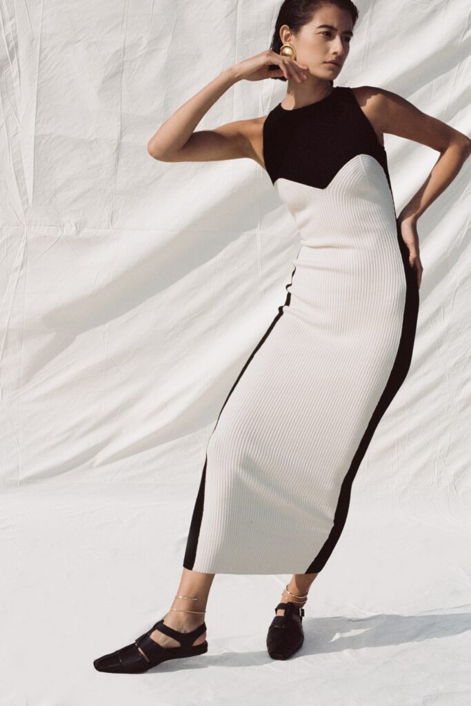A fitted black and white sleeveless dress with a high neckline and striped design.