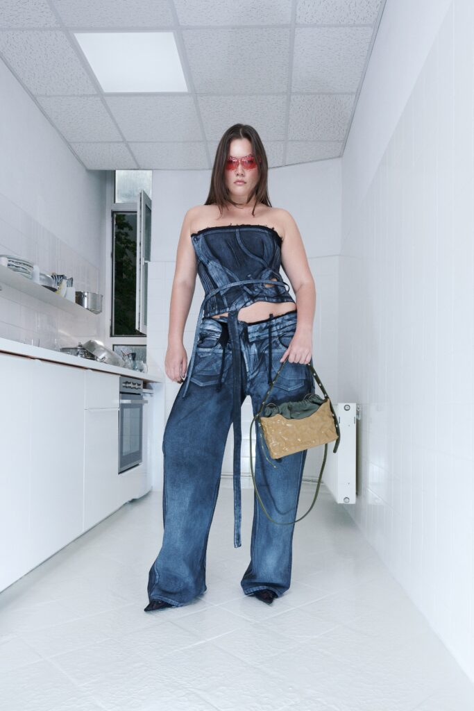 blue denim strapless jumpsuit