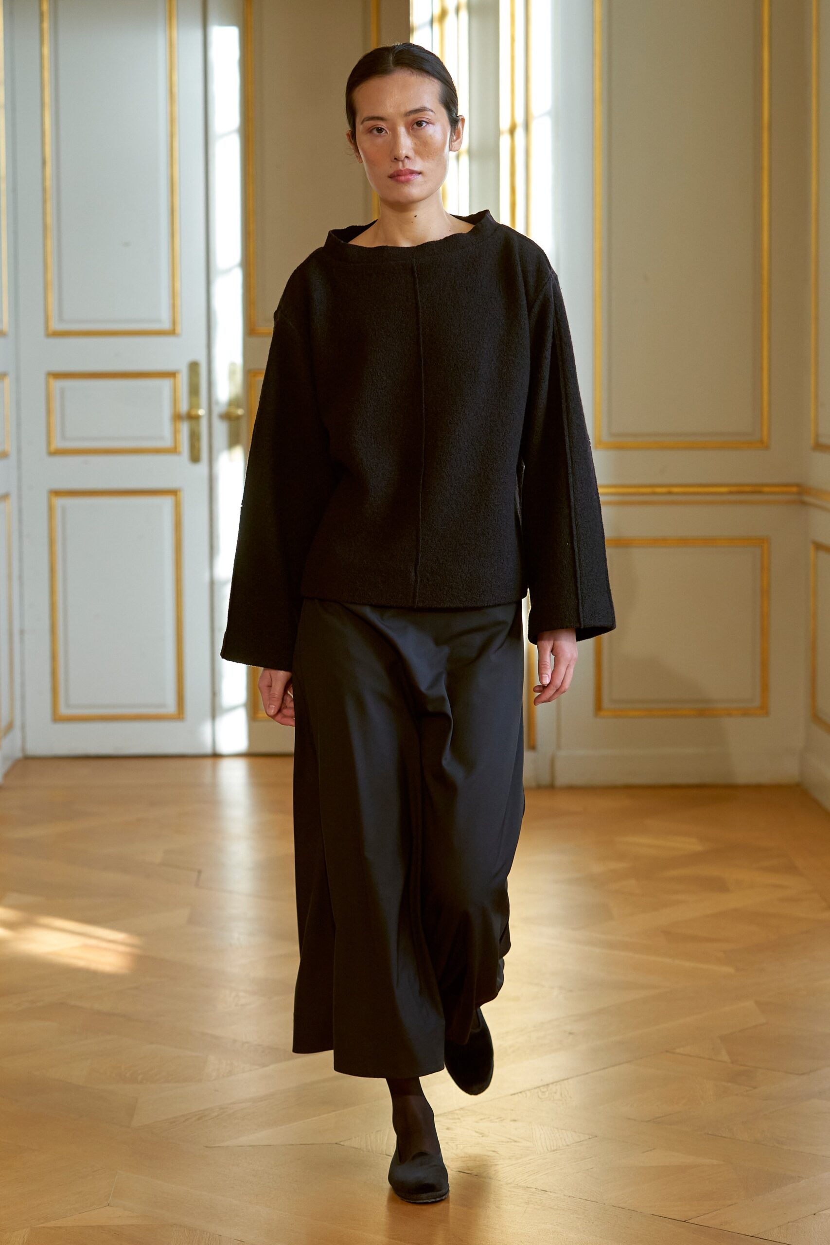 black wool top and silk pants