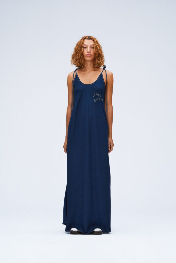 blue silk sleeveless maxi dress