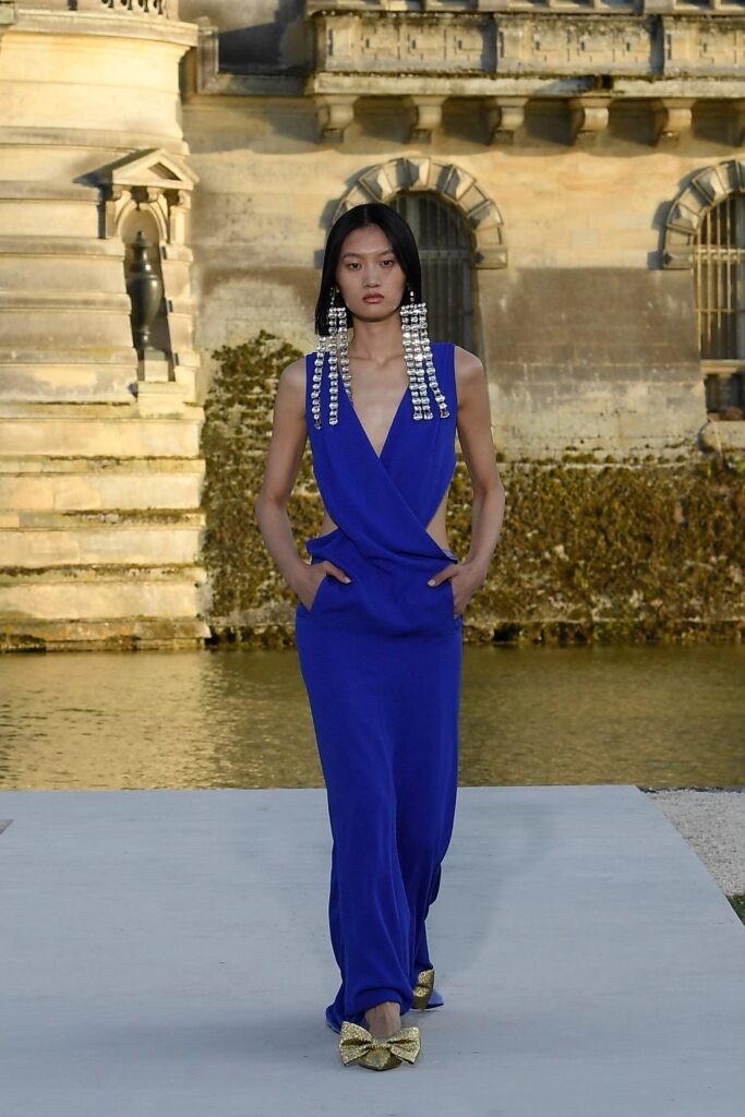 blue silk sleeveless jumpsuit