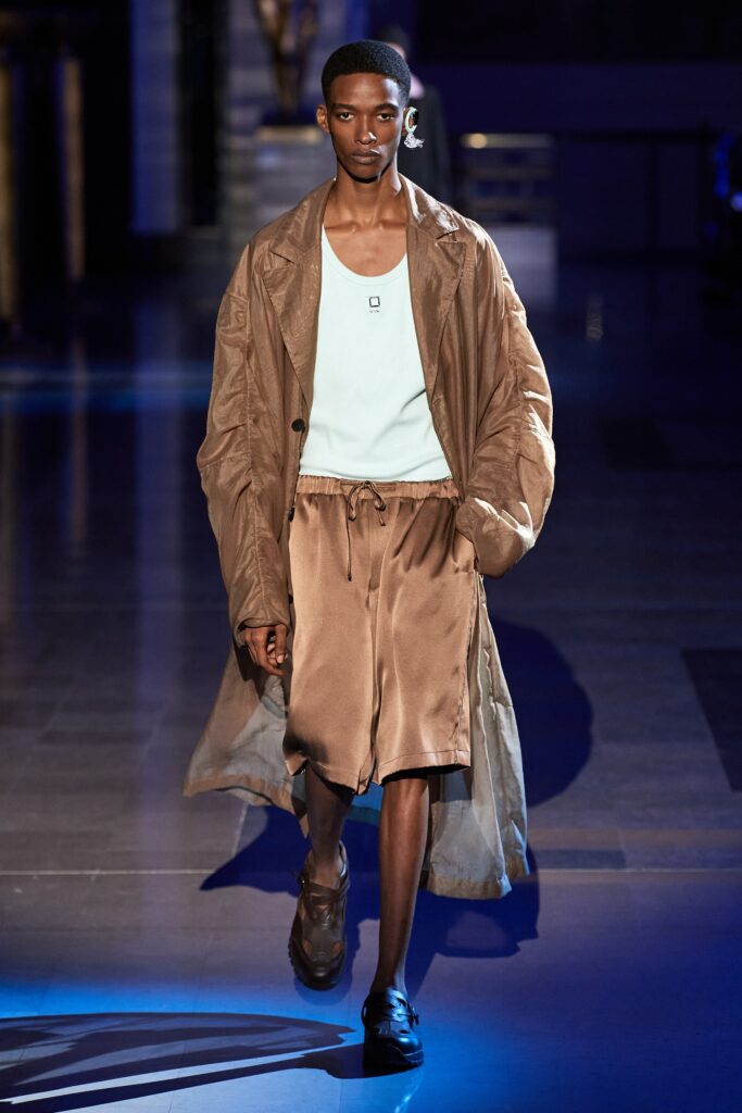 brown oversized coat with blue top