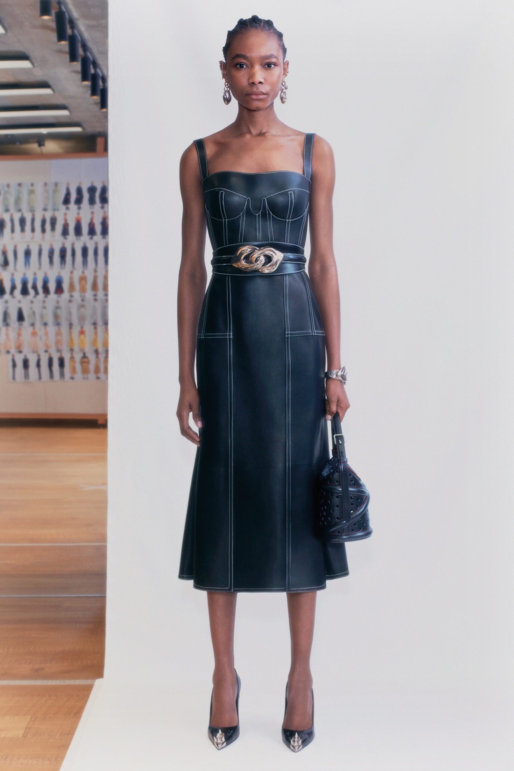 black leather fitted dress with accessories
