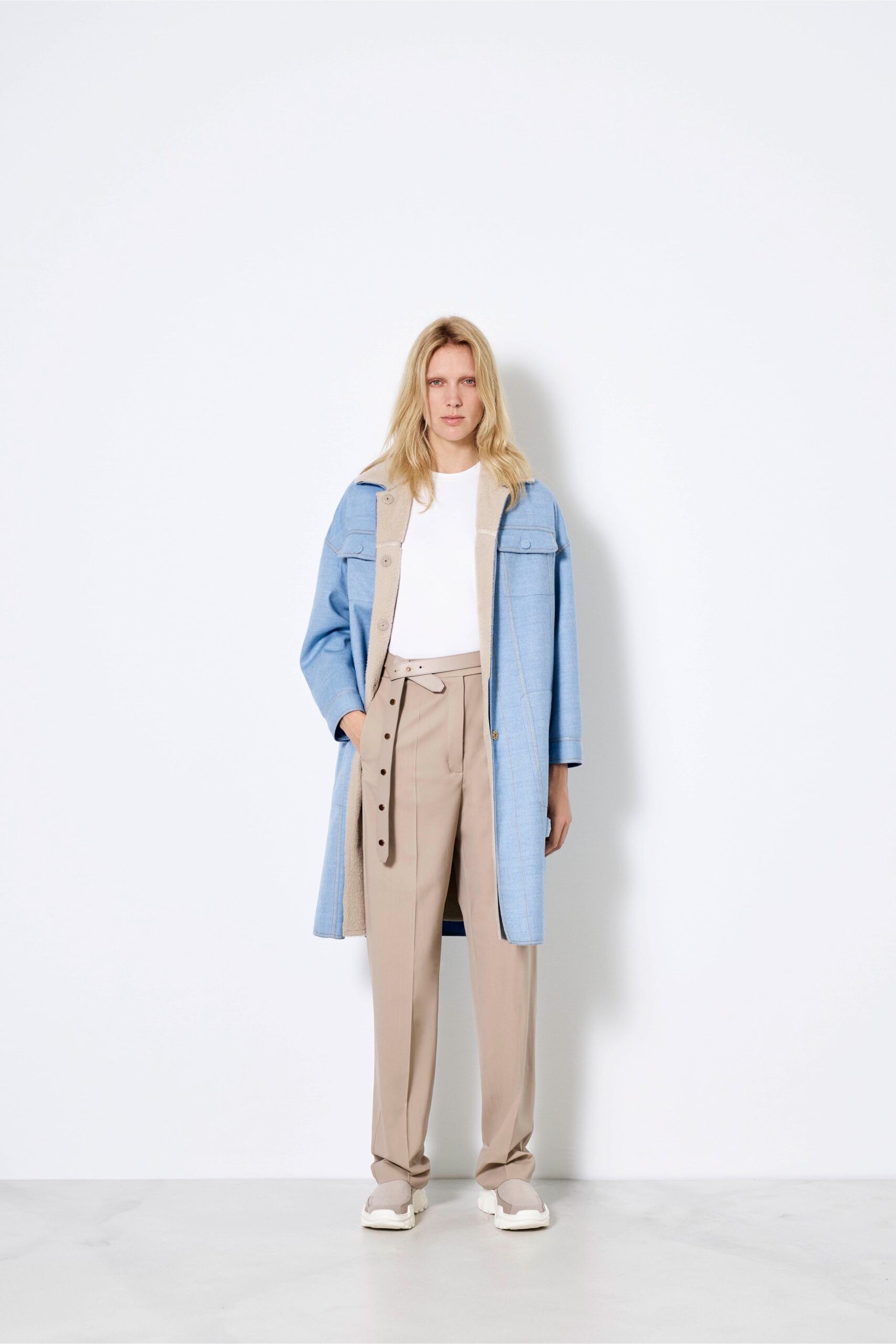 beige cotton tailored high-waisted buttoned pants