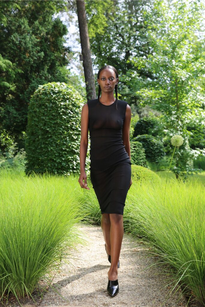 A fitted black sheer dress with a high neckline and pencil silhouette.
