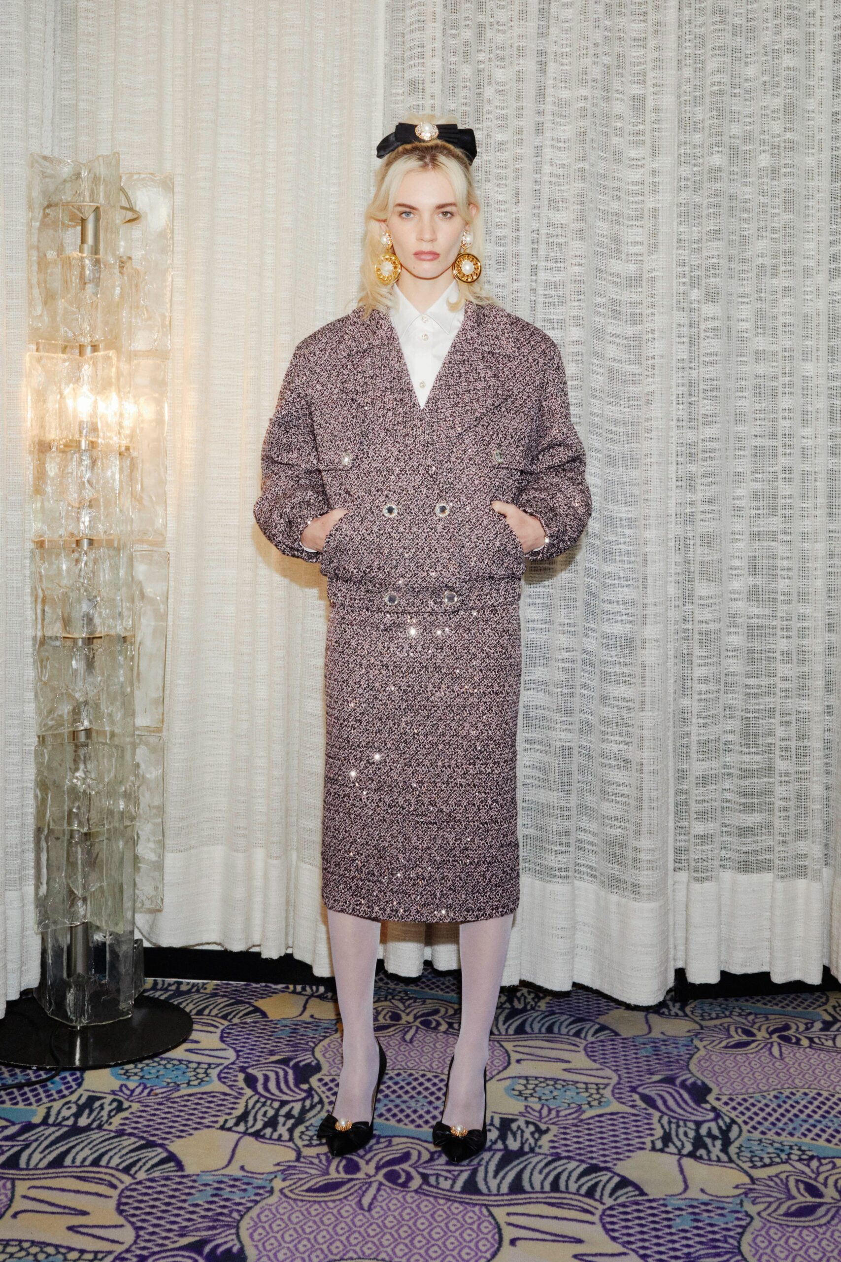 purple tweed long-sleeve collared relaxed buttoned jacket