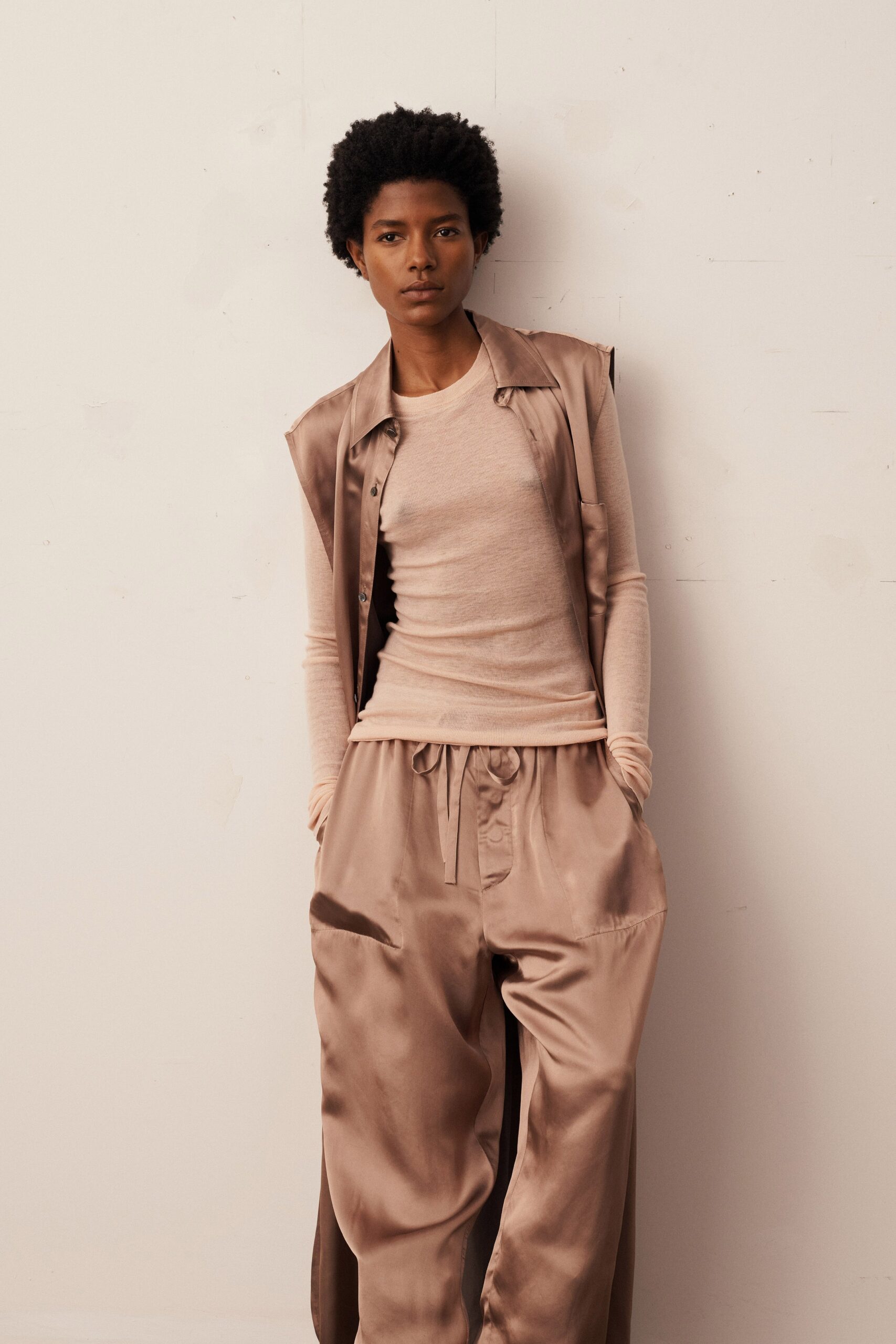 beige silk top coat pants