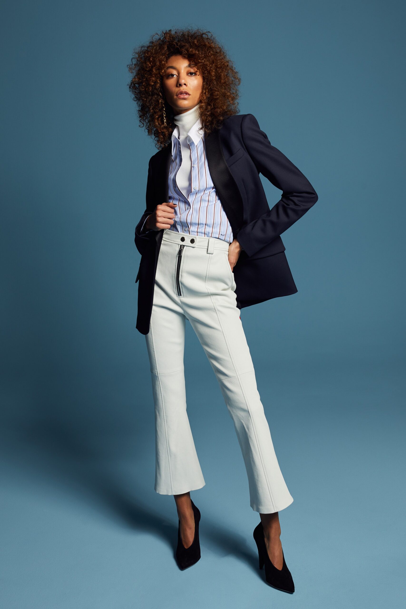black tailored blazer with flared pants