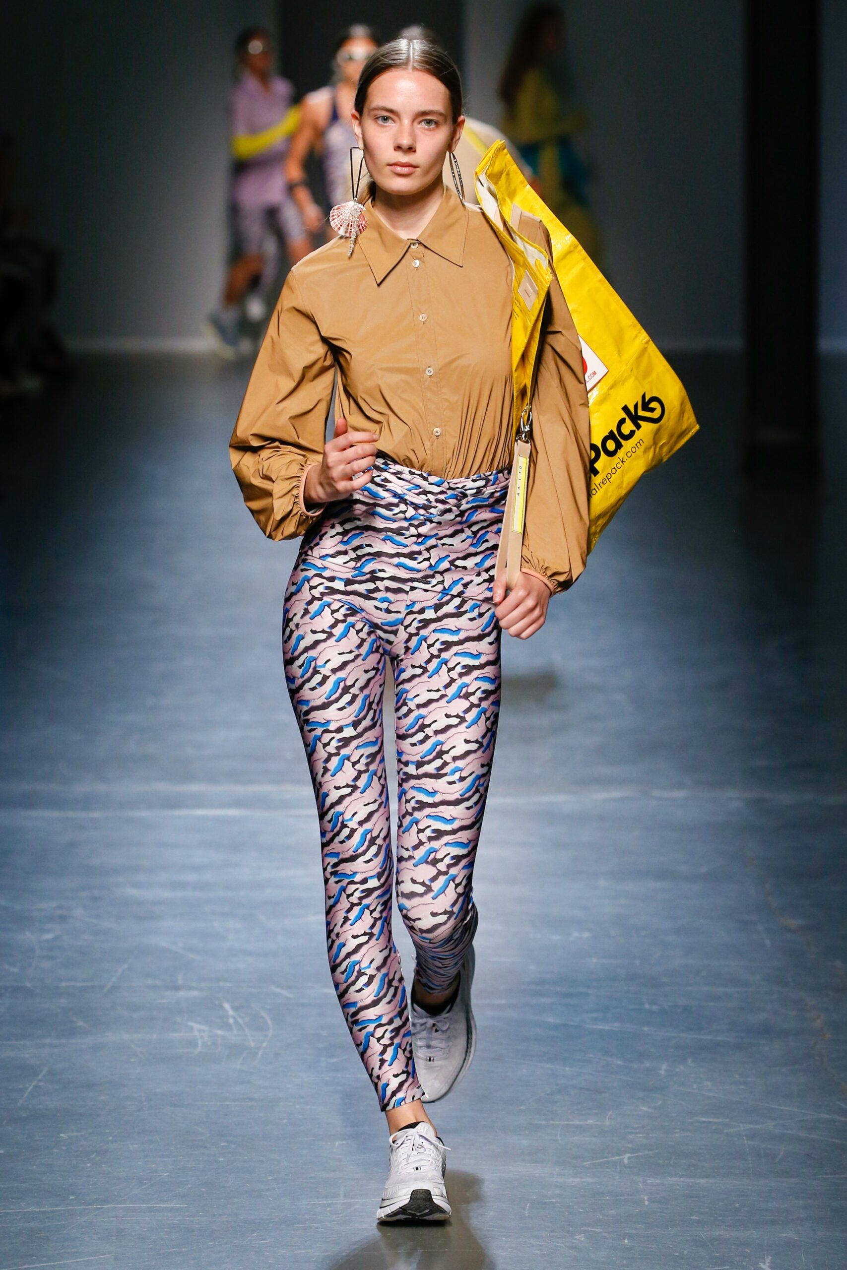 brown collared shirt with printed leggings