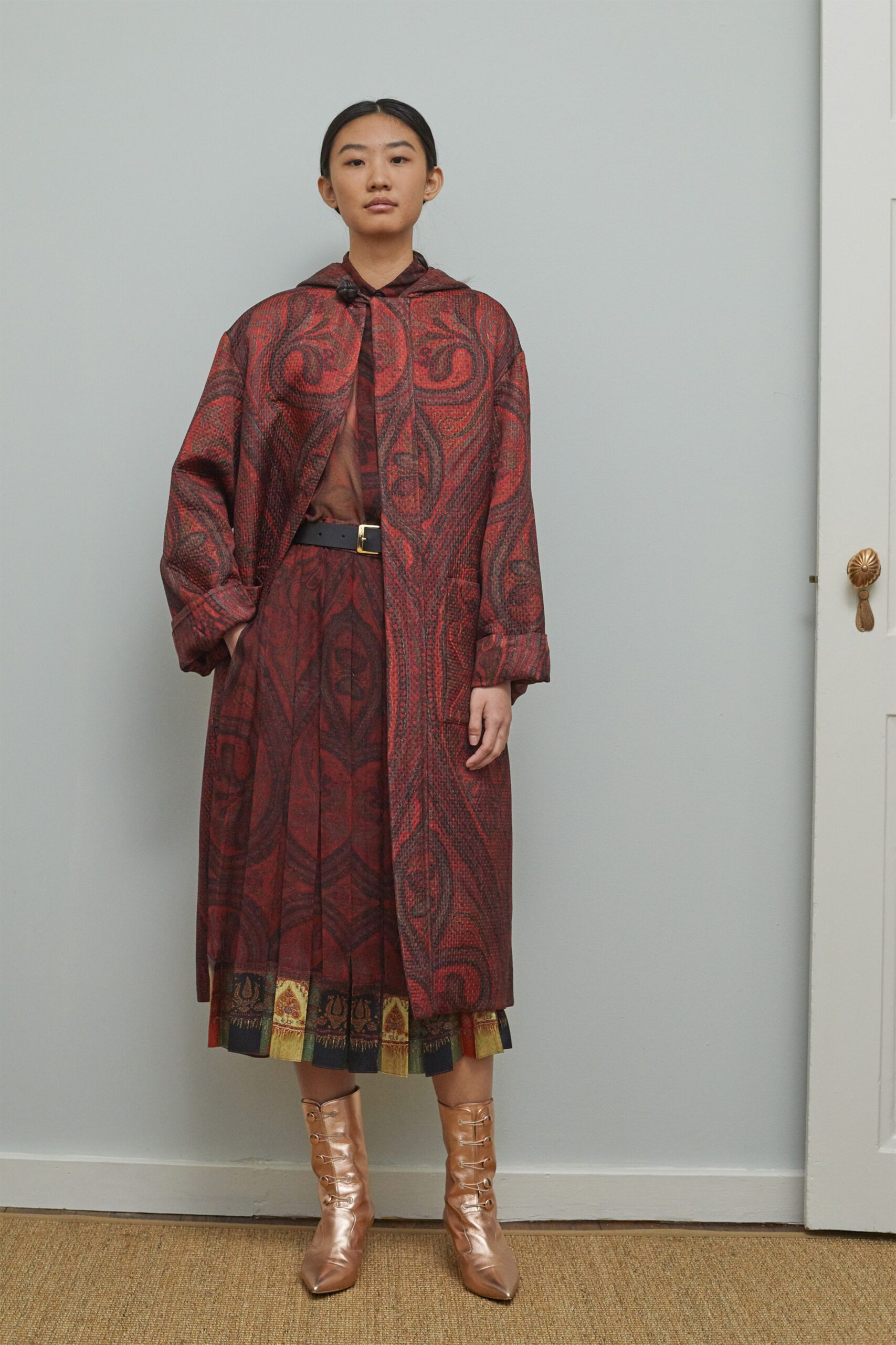 red silk long-sleeve collared relaxed printed midi coat