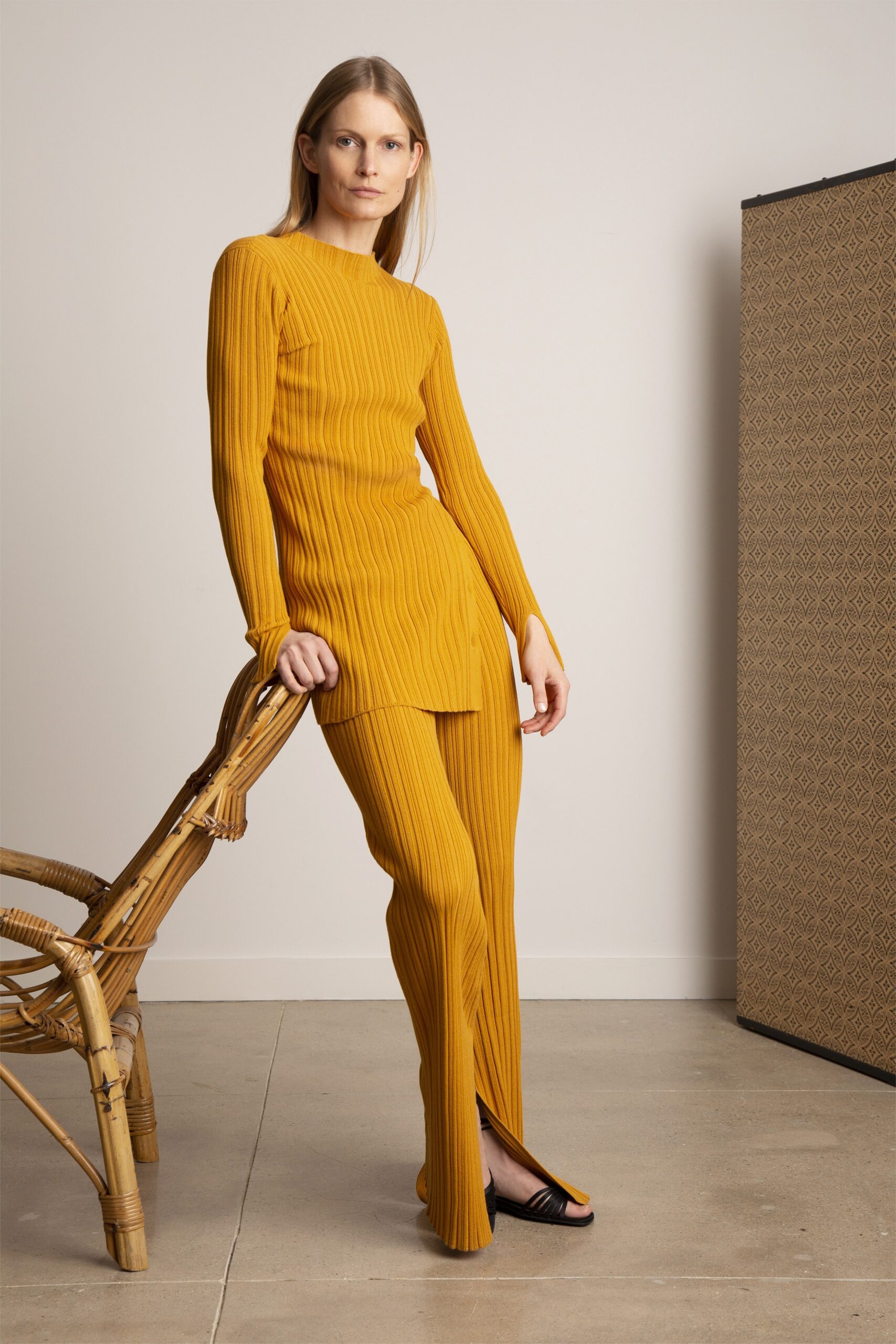 fitted yellow knit top and pants