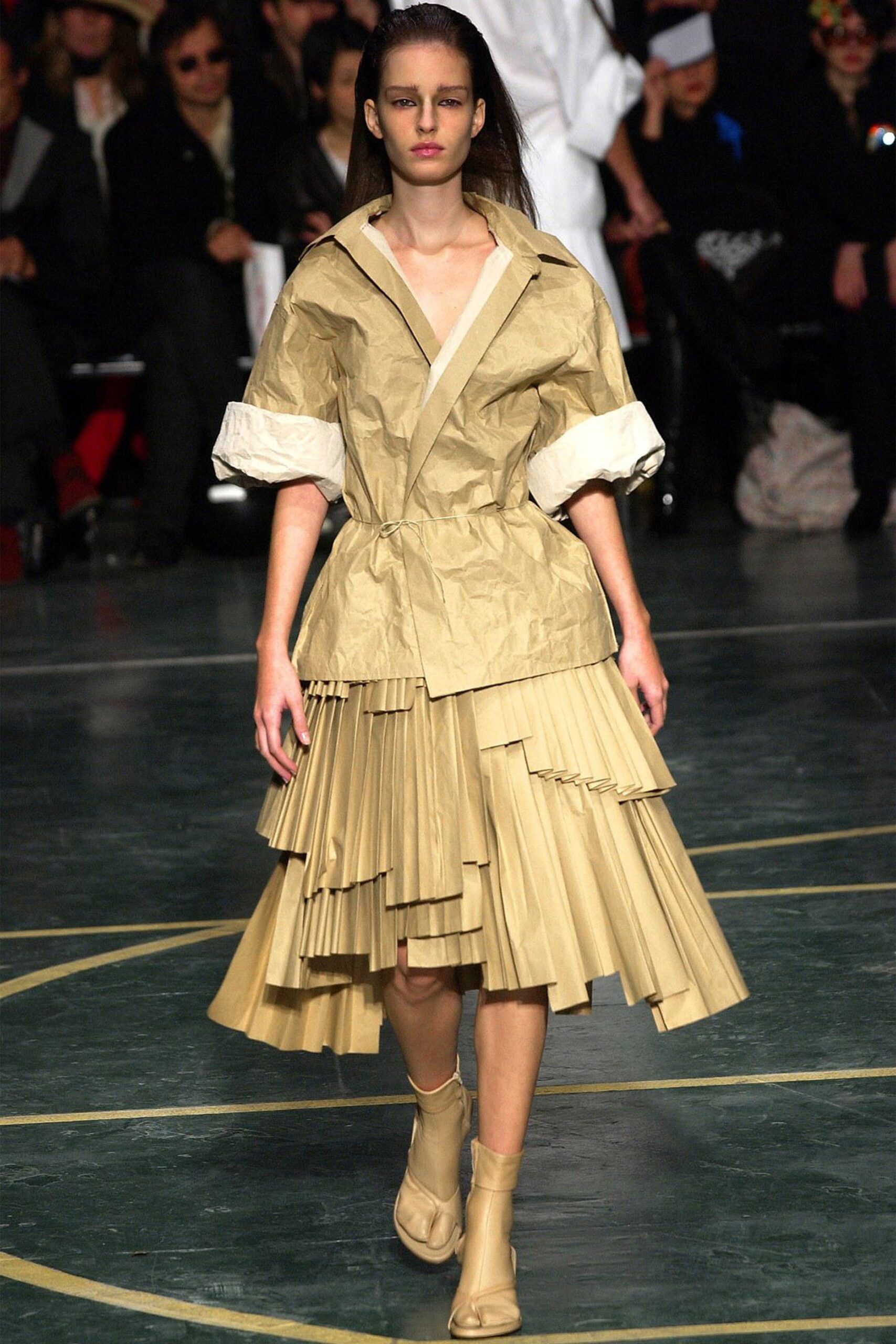 beige pleated midi dress