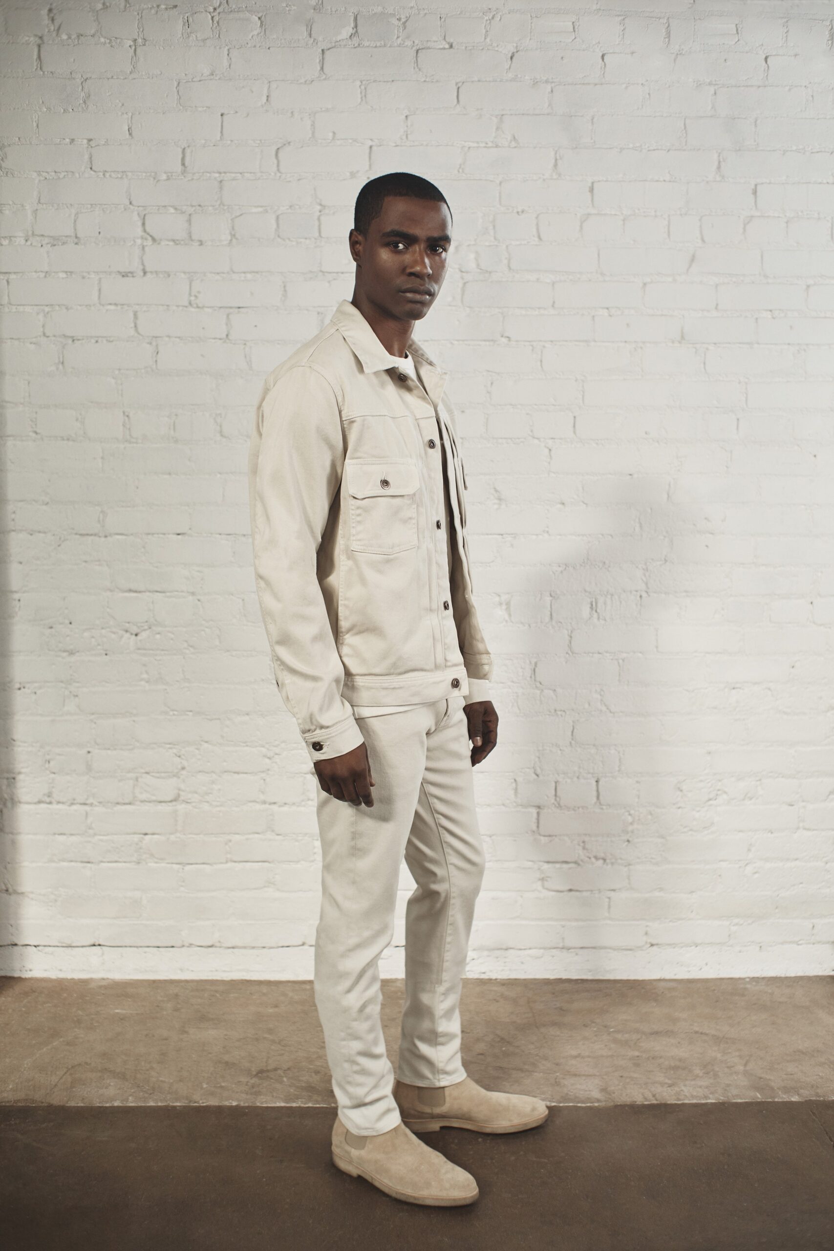 beige cotton fitted jacket and pants