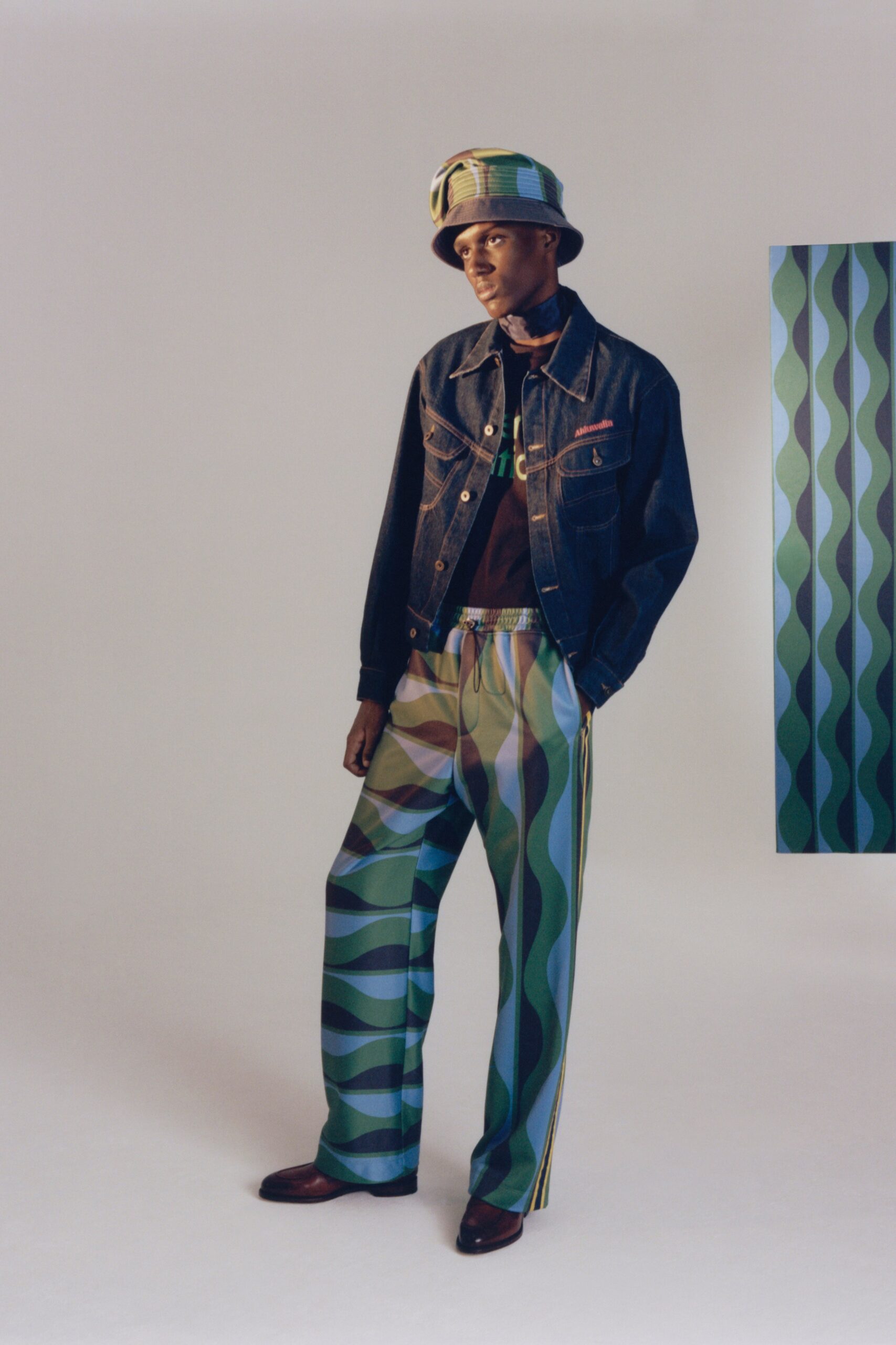blue denim jacket with multi pants