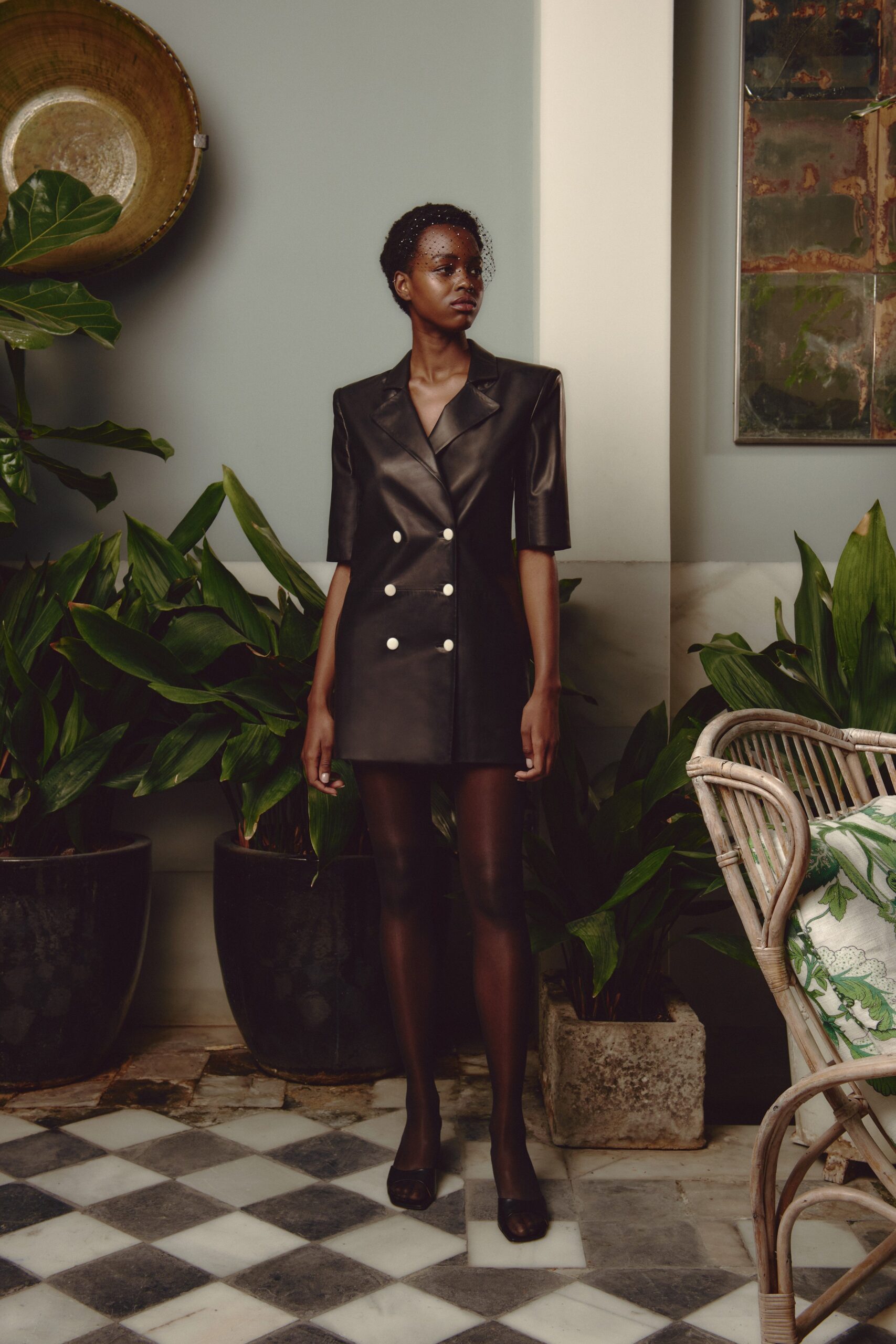black leather fitted mini dress