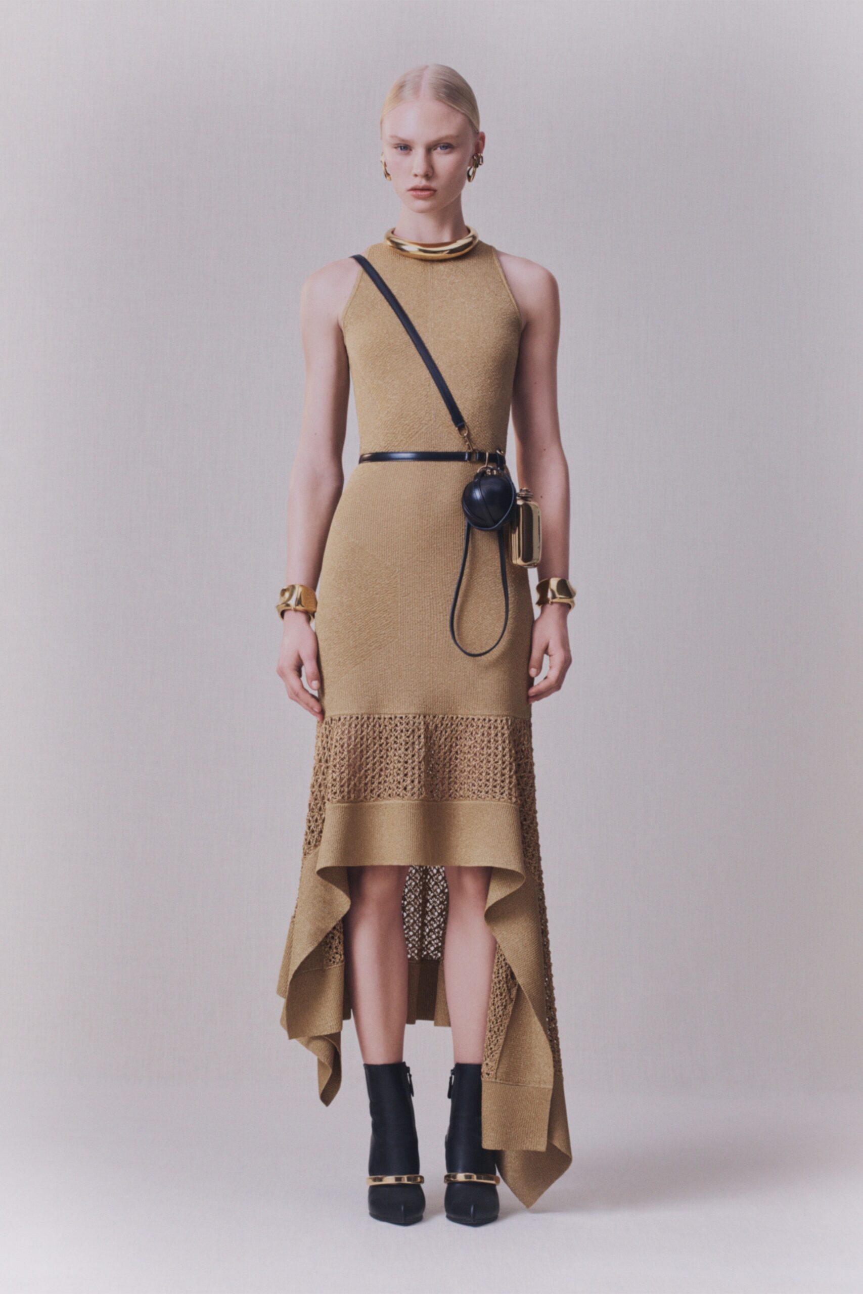 fitted beige asymmetric dress