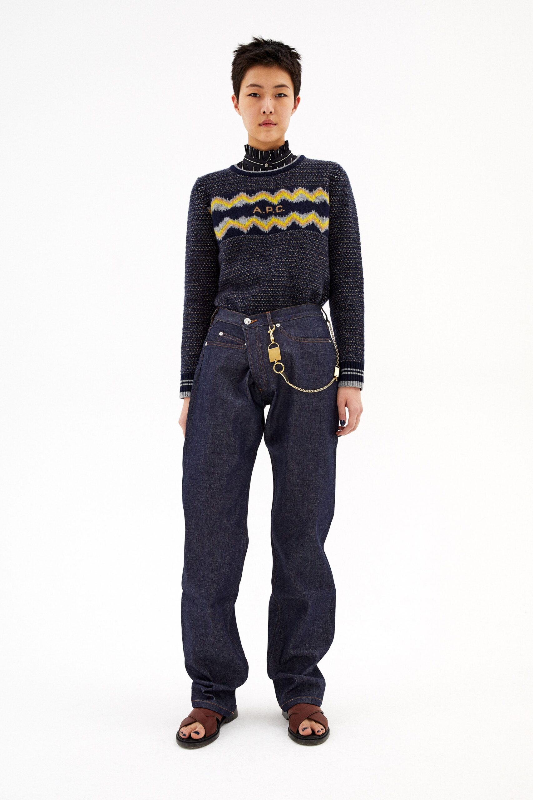 blue wool sweater with relaxed denim pants