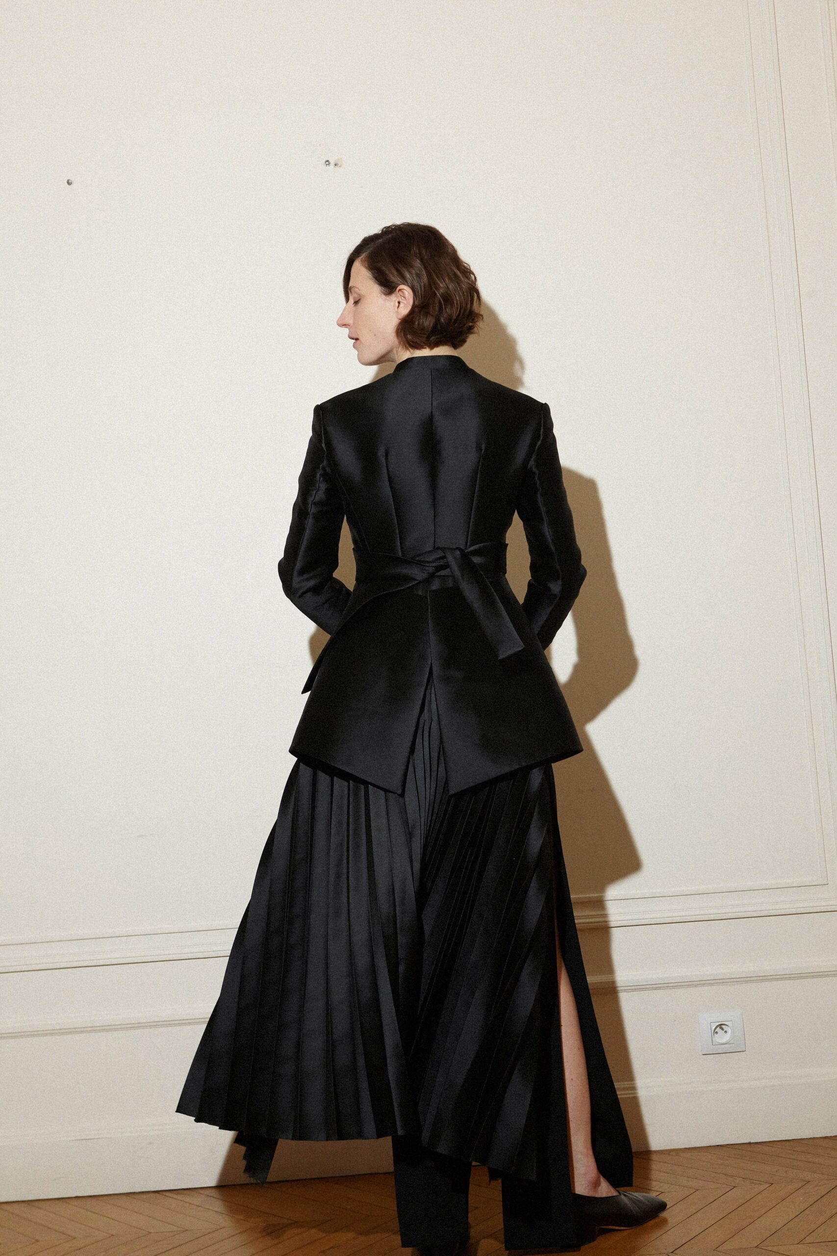 black silk fitted midi dress