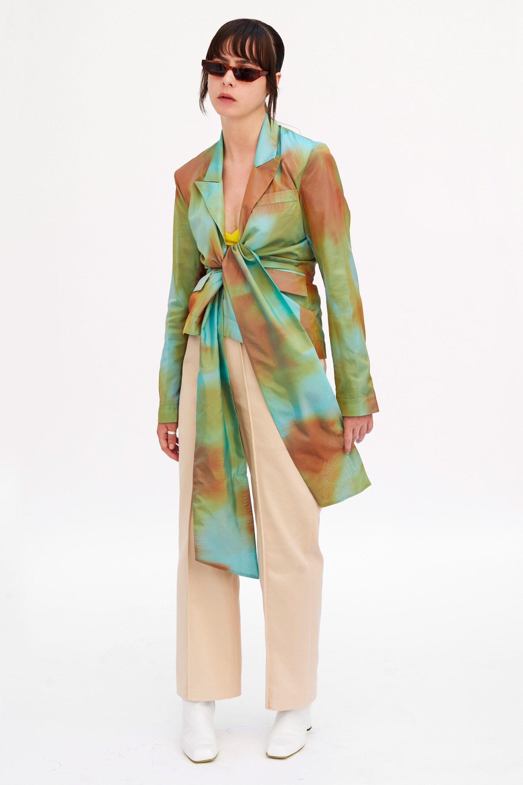 colorful silk coat with relaxed pants