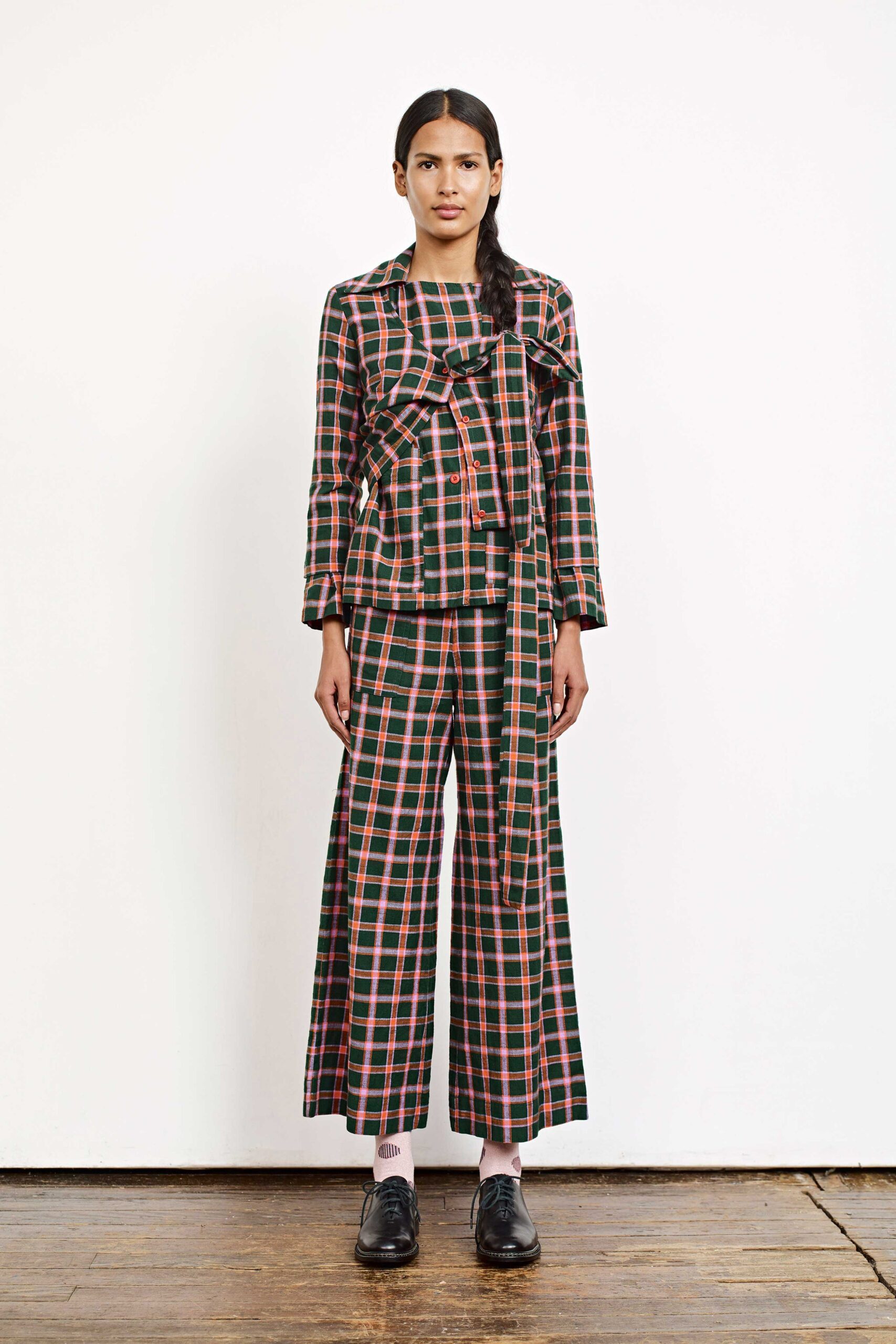 checked blazer and wide-leg pants