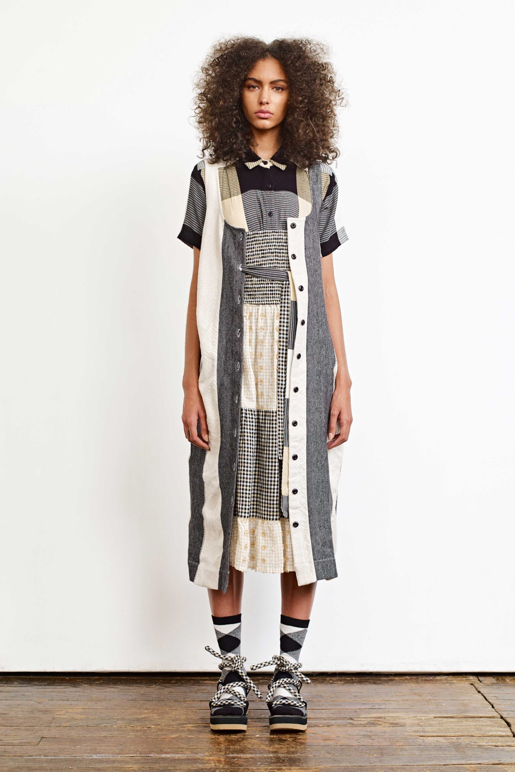 black cotton short-sleeve collared relaxed buttoned patchwork dress