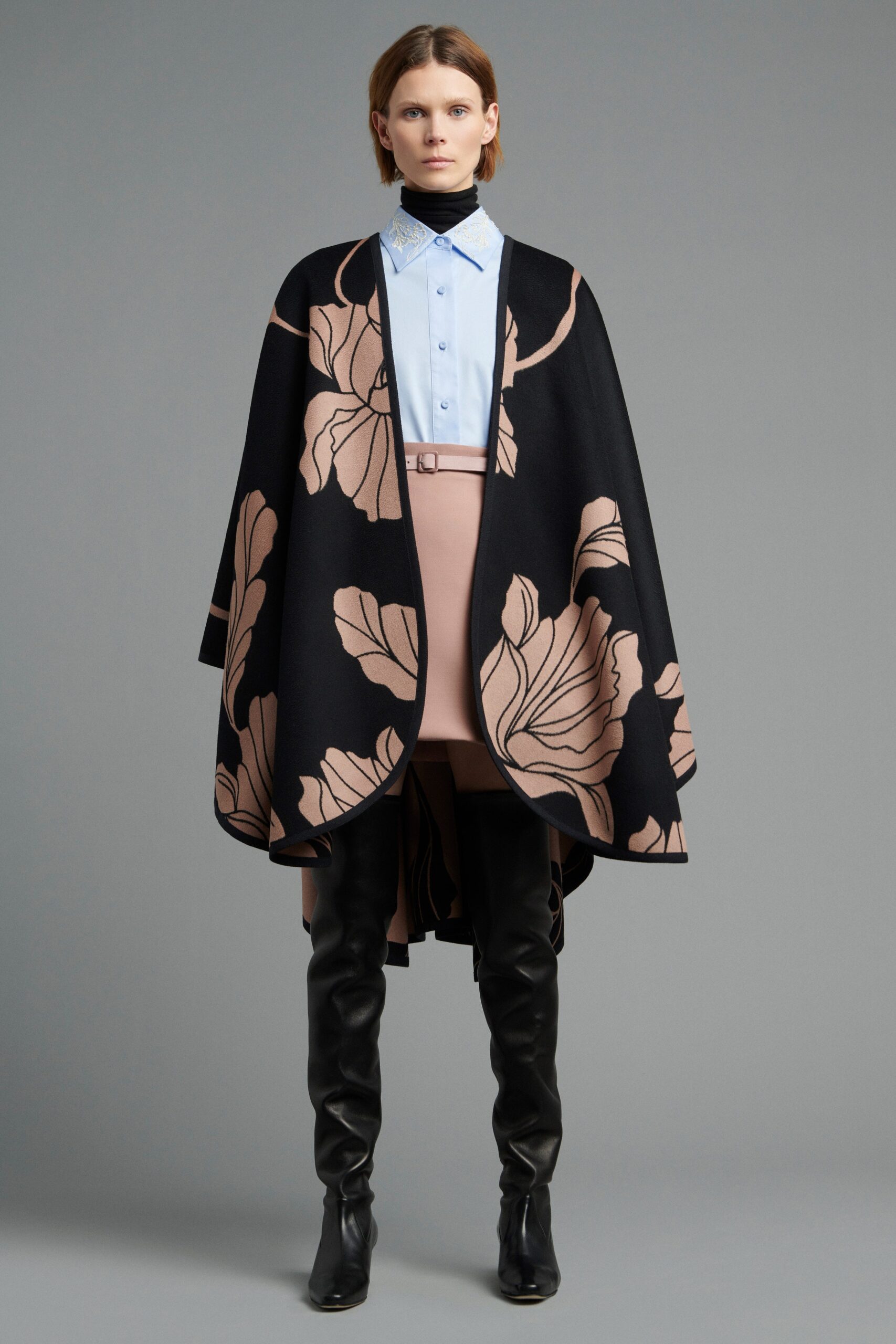 black wool relaxed floral layered cape