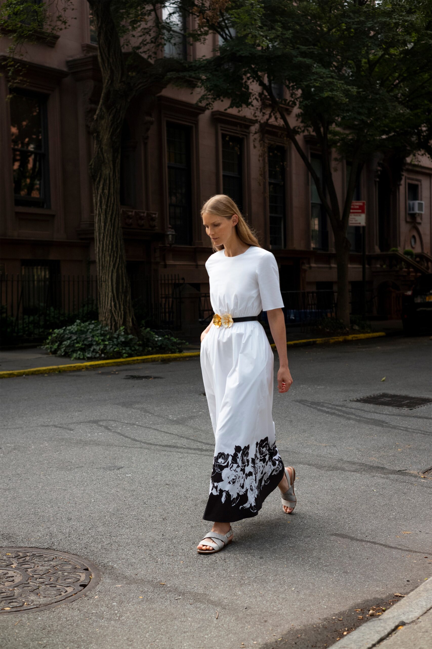 white cotton short-sleeve high-neck fitted tiered embroidered dress