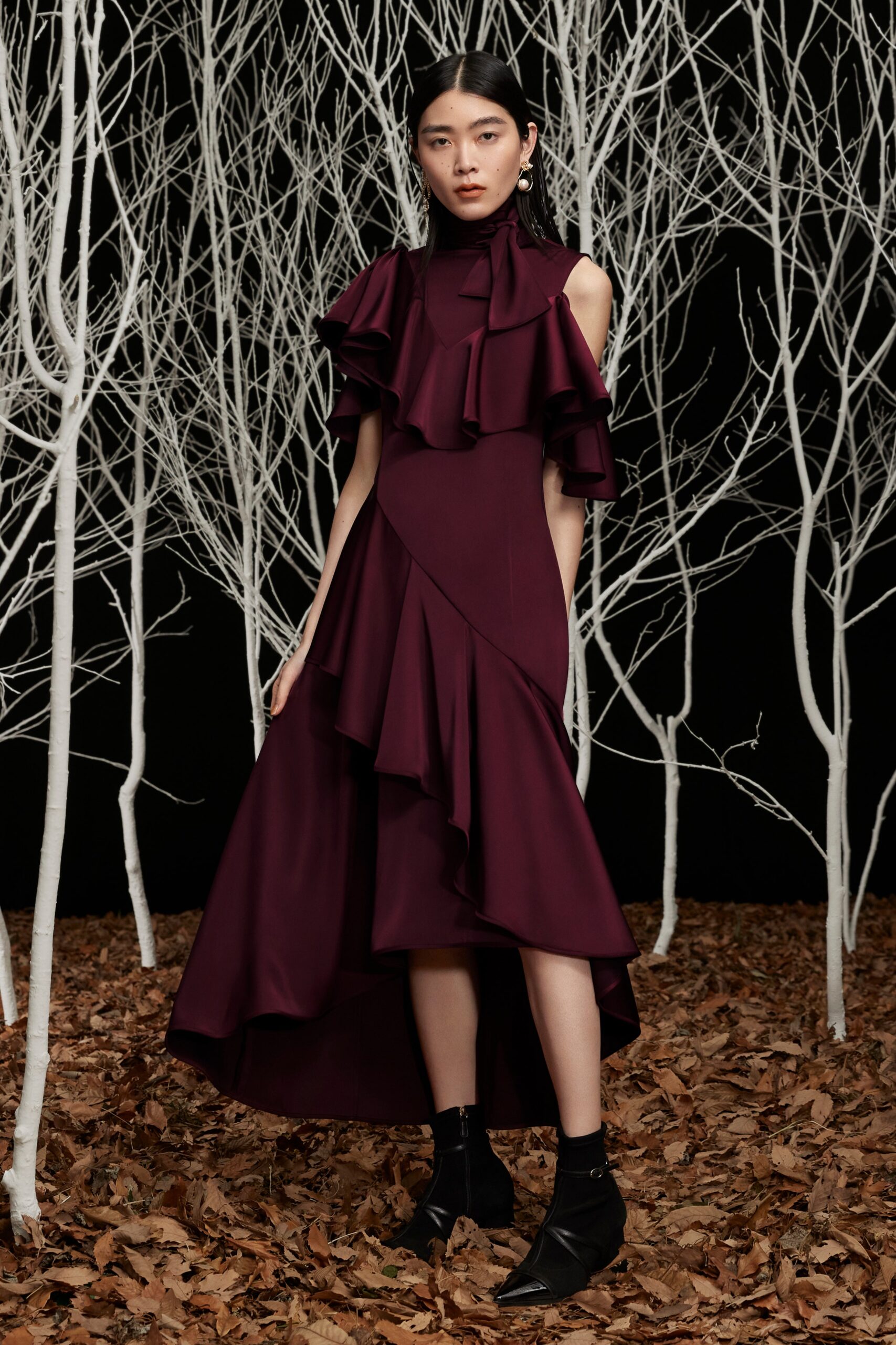 purple silk ruffled midi dress