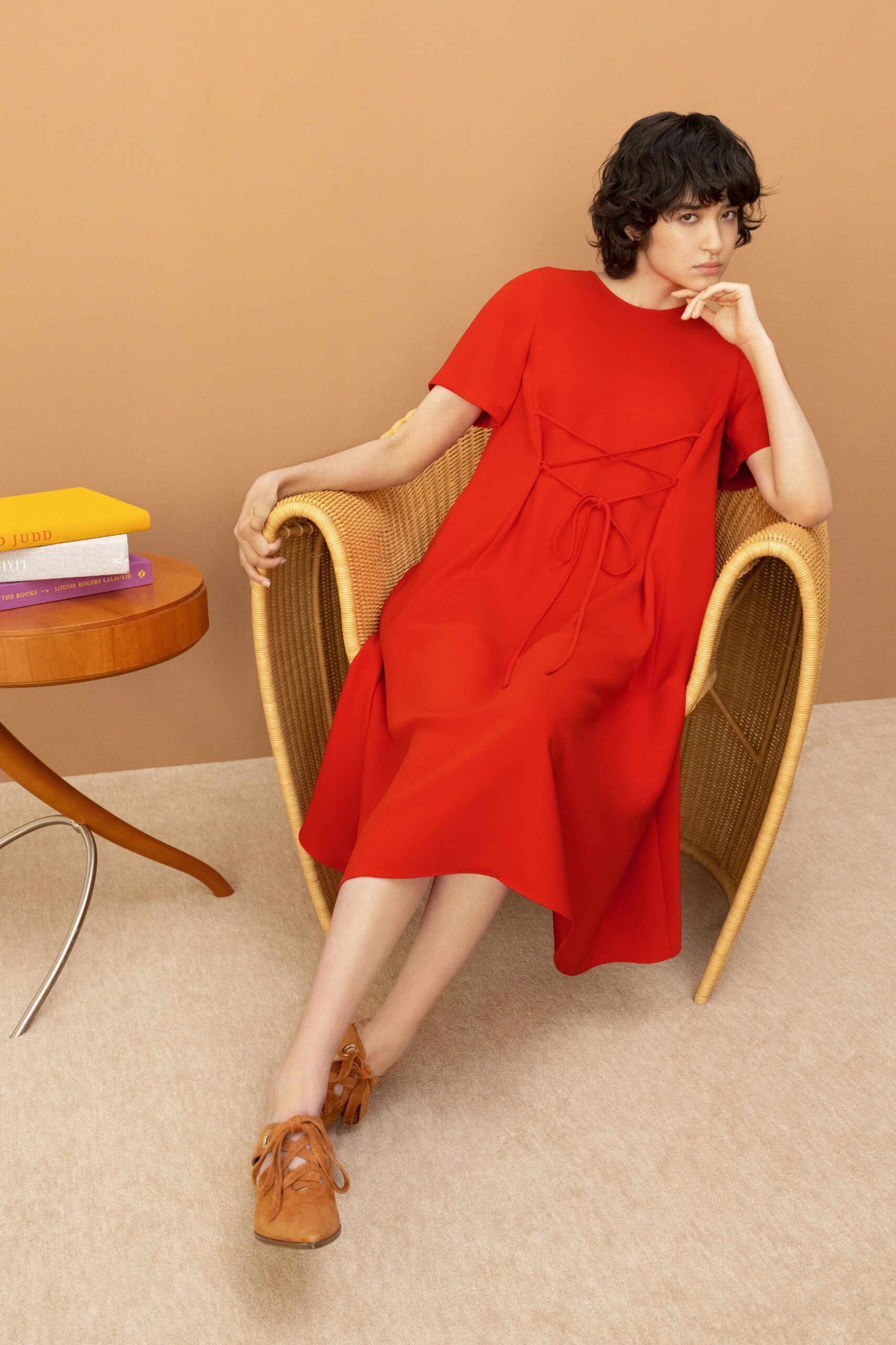 red relaxed midi dress with brown shoes