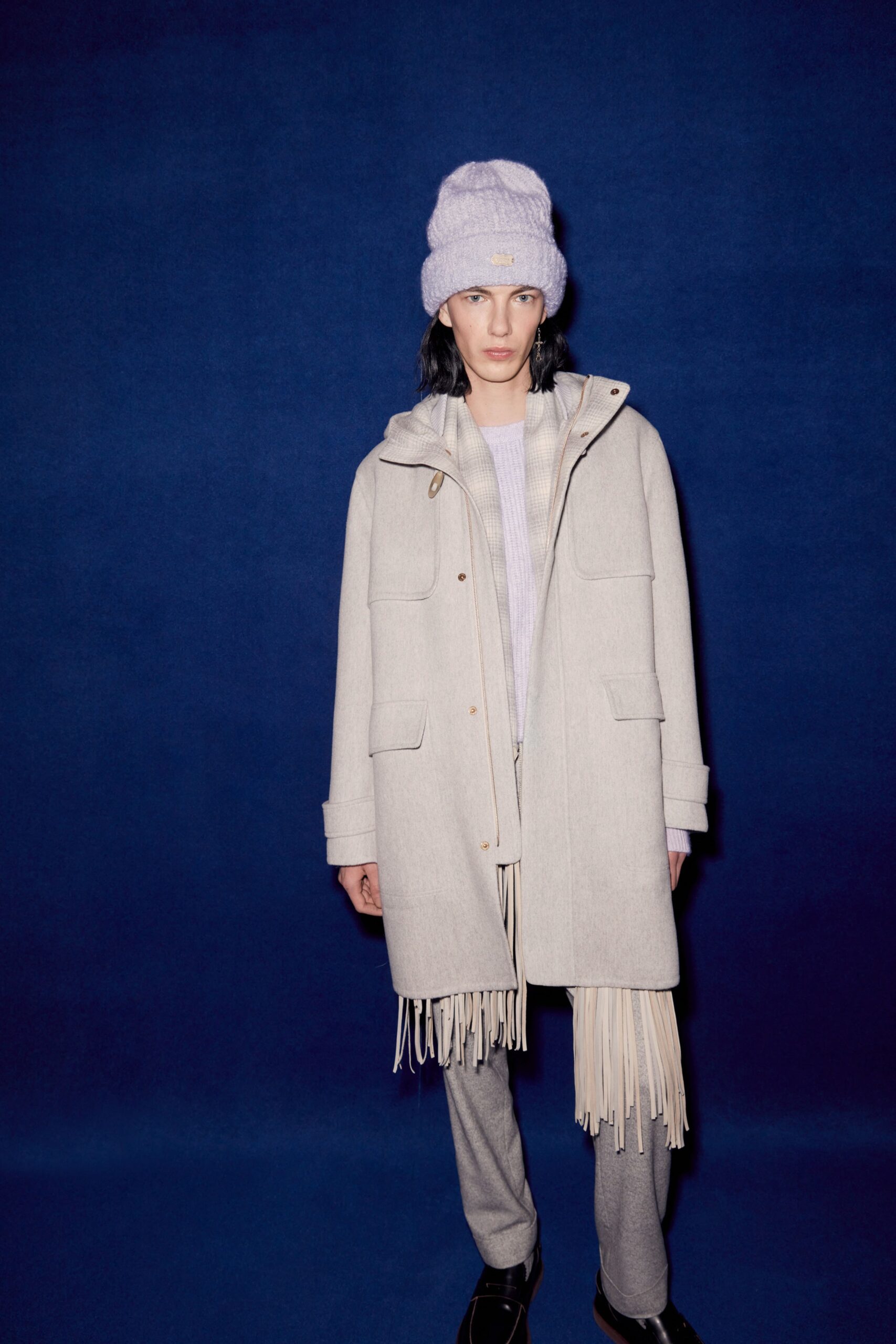 beige wool coat with fringes
