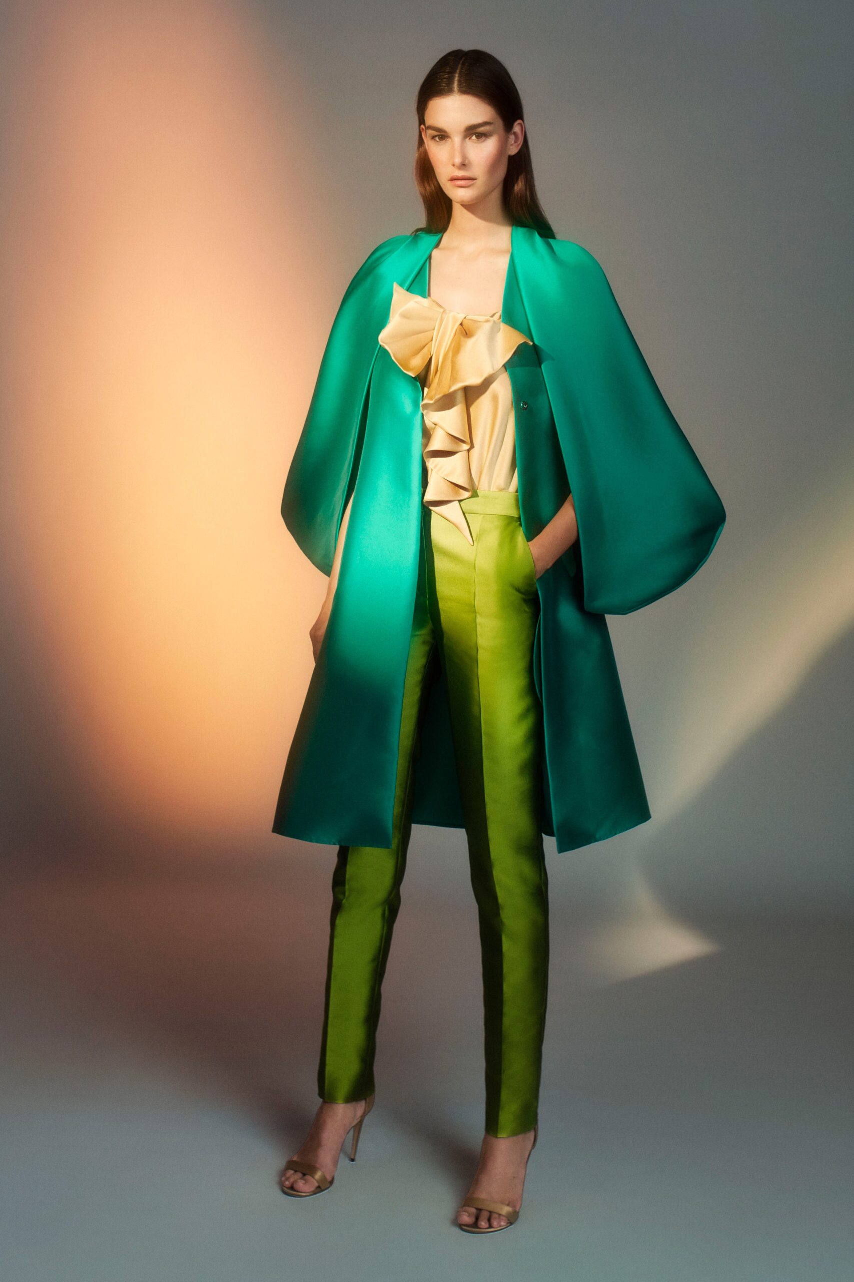 green silk tailored straight-leg shiny pants