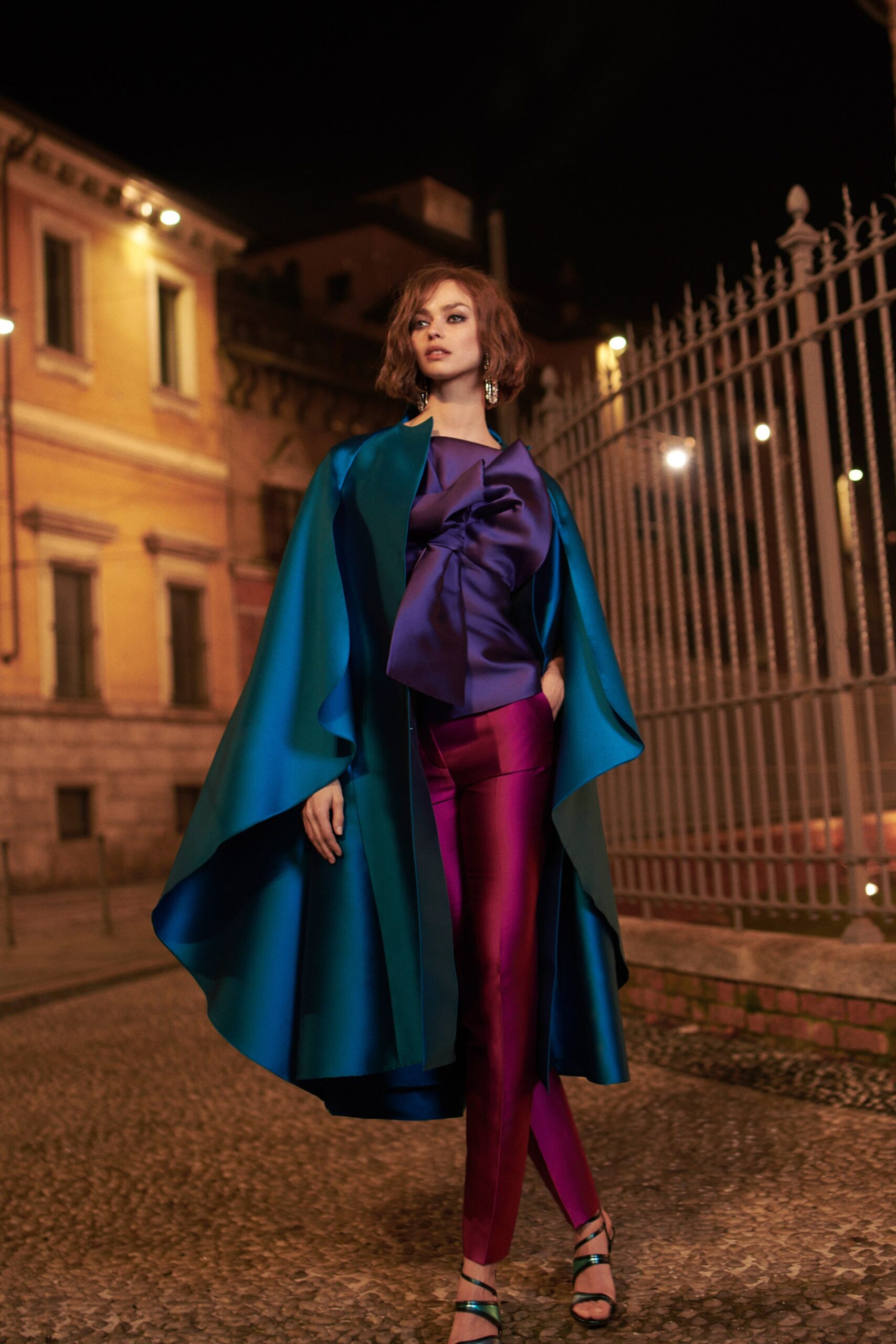 blue green silk cape with fitted top