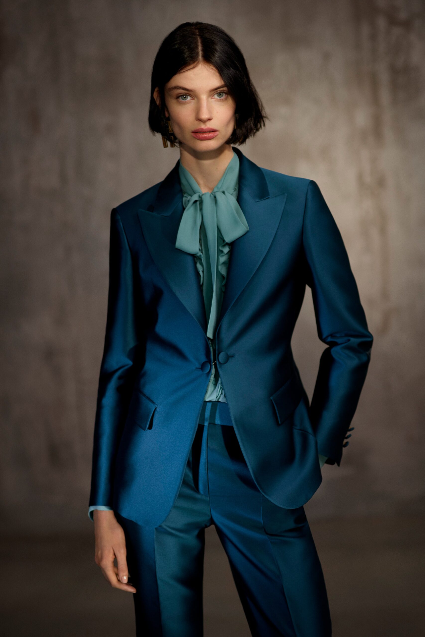 teal silk long-sleeve collared fitted ruffled blouse