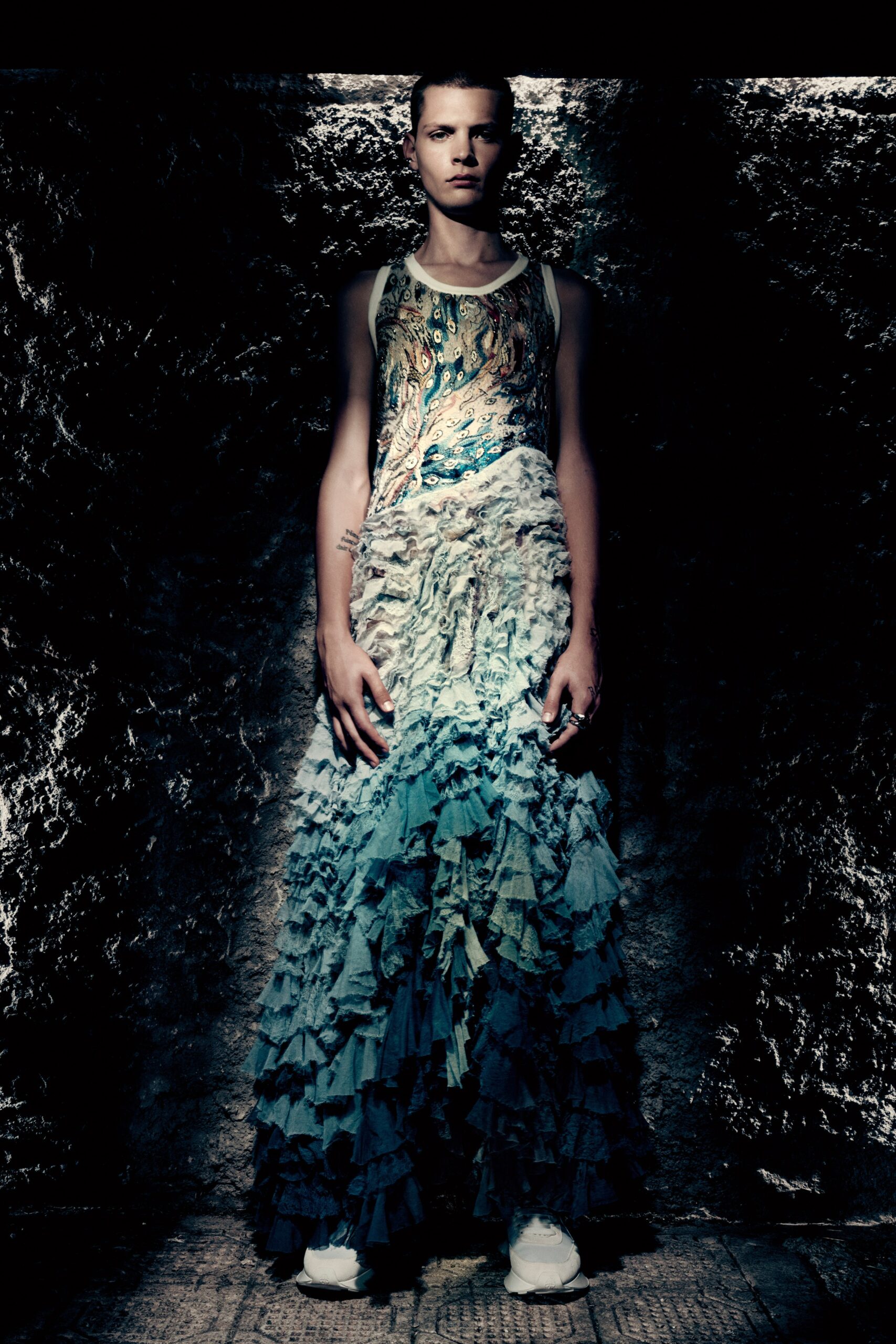 blue green ruffled maxi dress