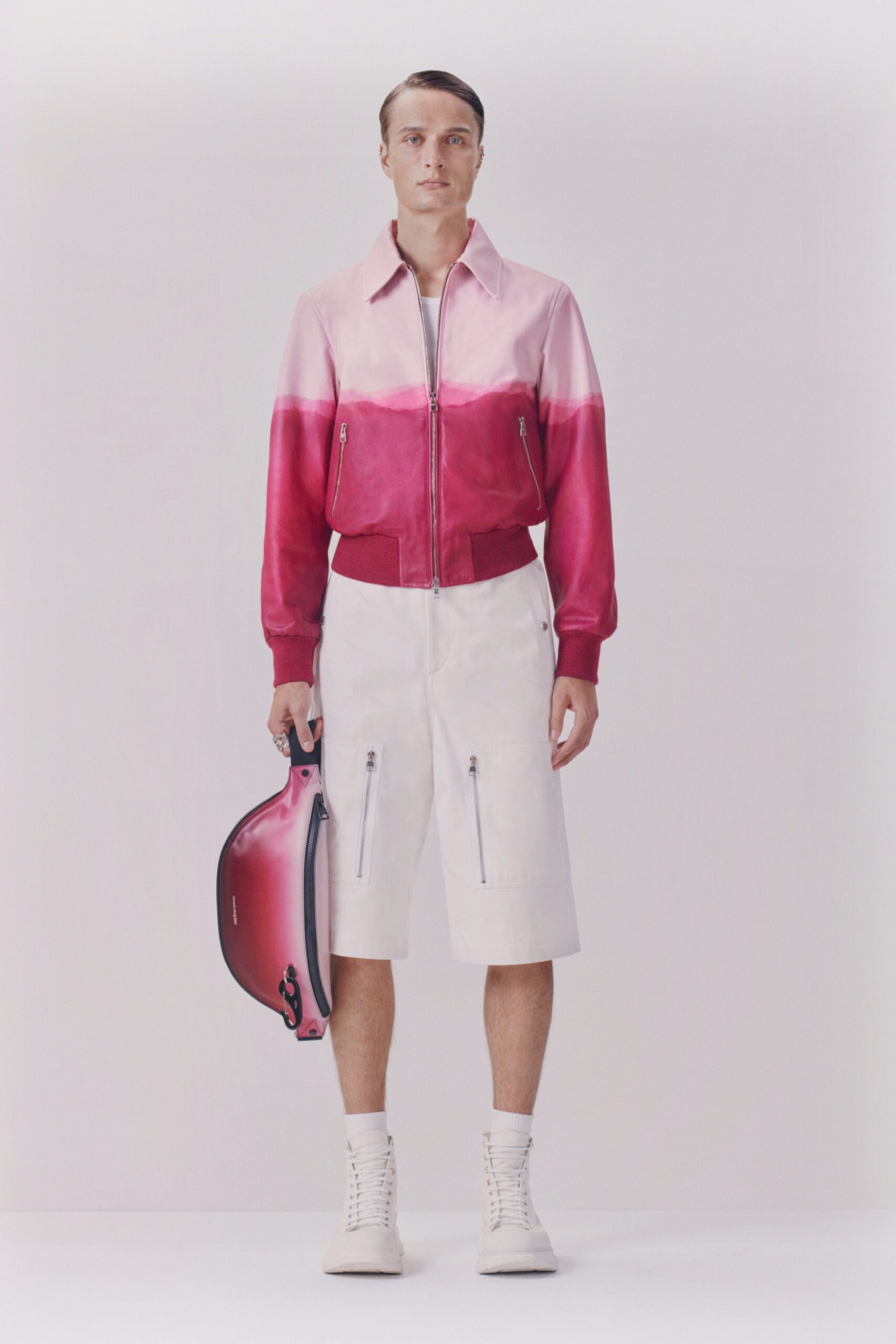 pink leather long-sleeve collared fitted color-blocked zippered jacket