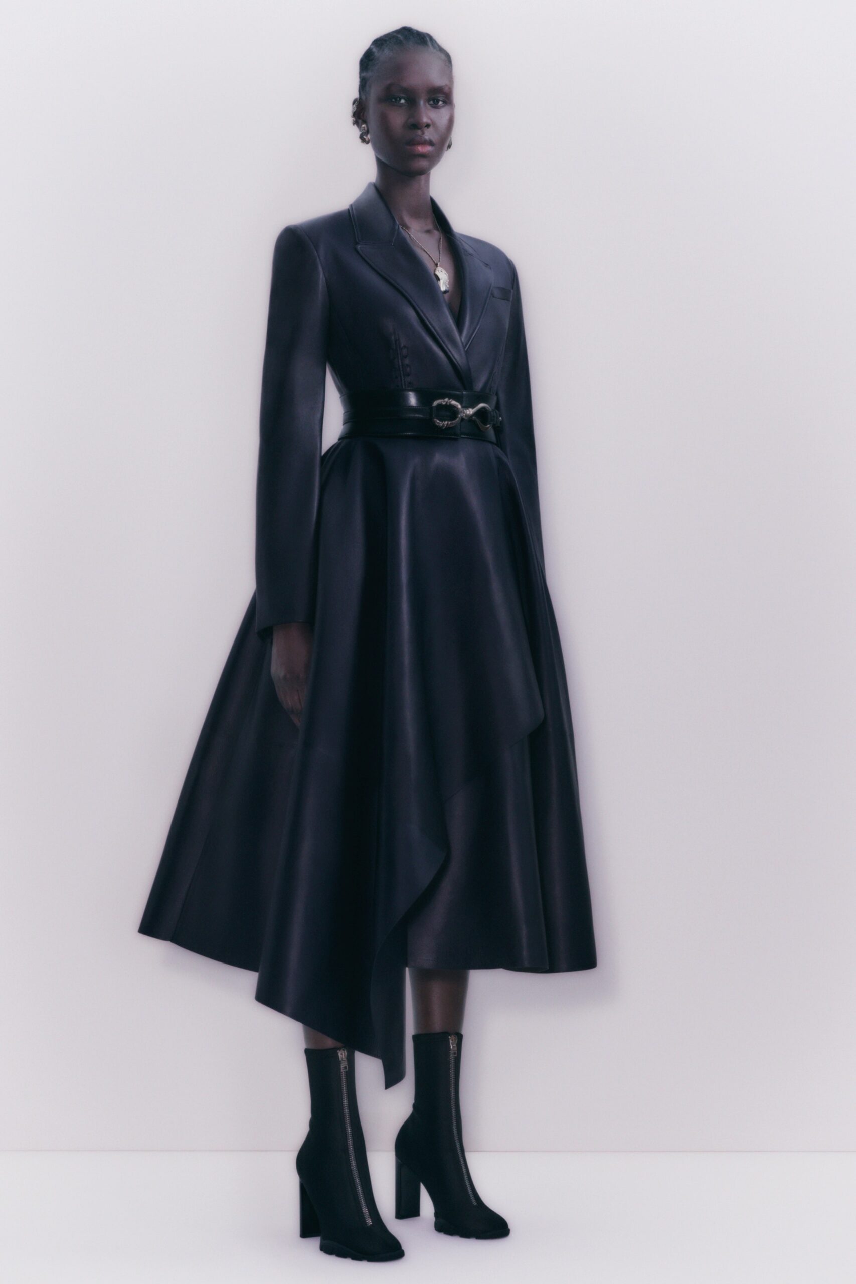 black leather belted midi dress