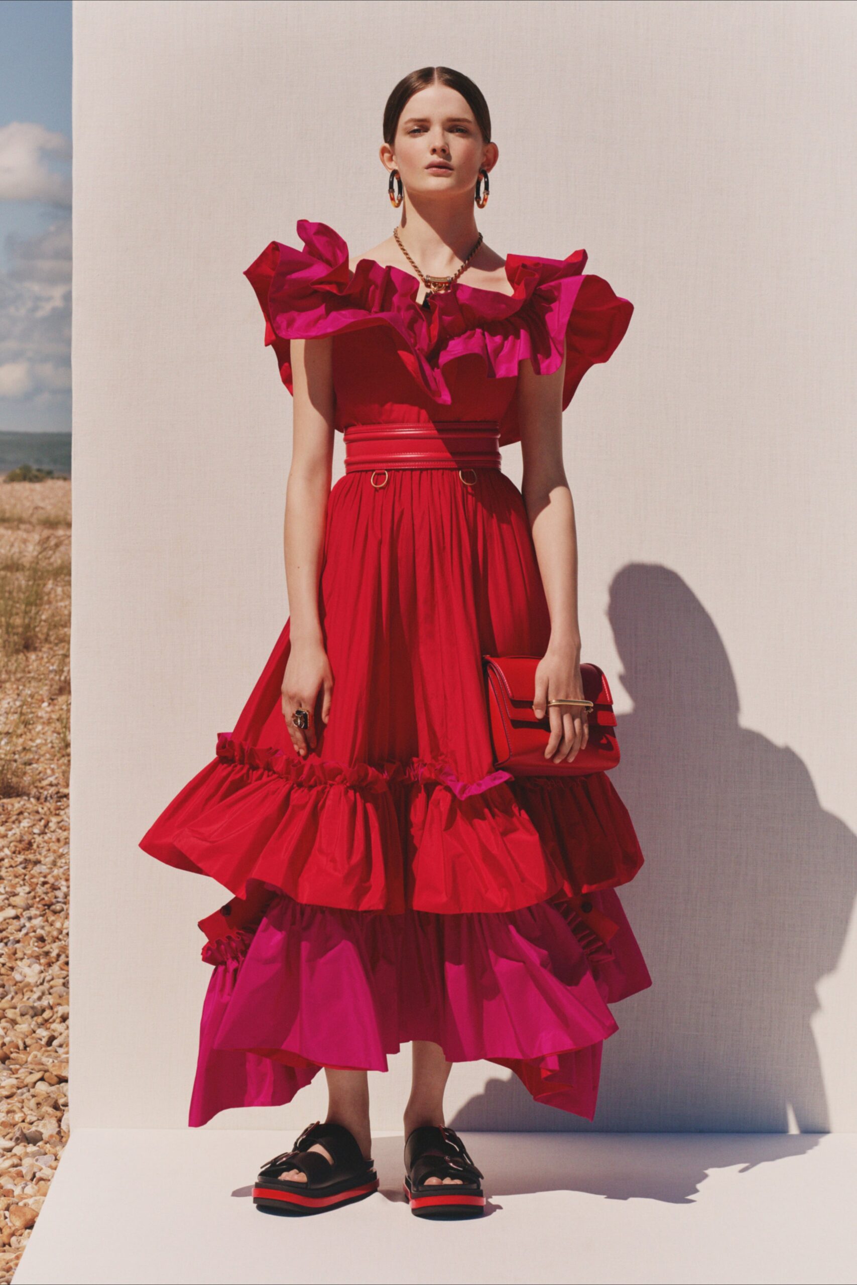 red cotton short-sleeve off-shoulder fitted tiered ruffled dress