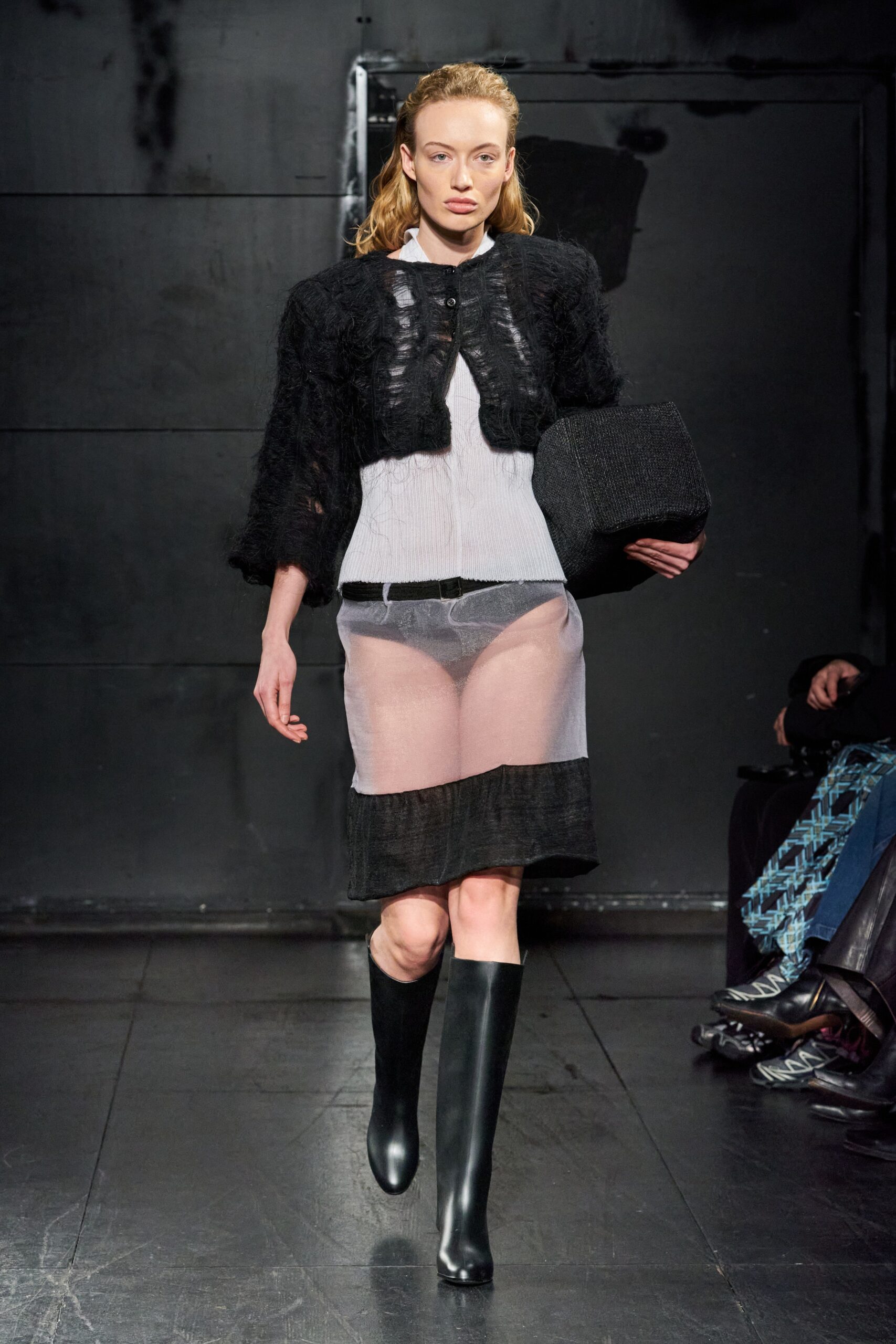 black mesh skirt with white top