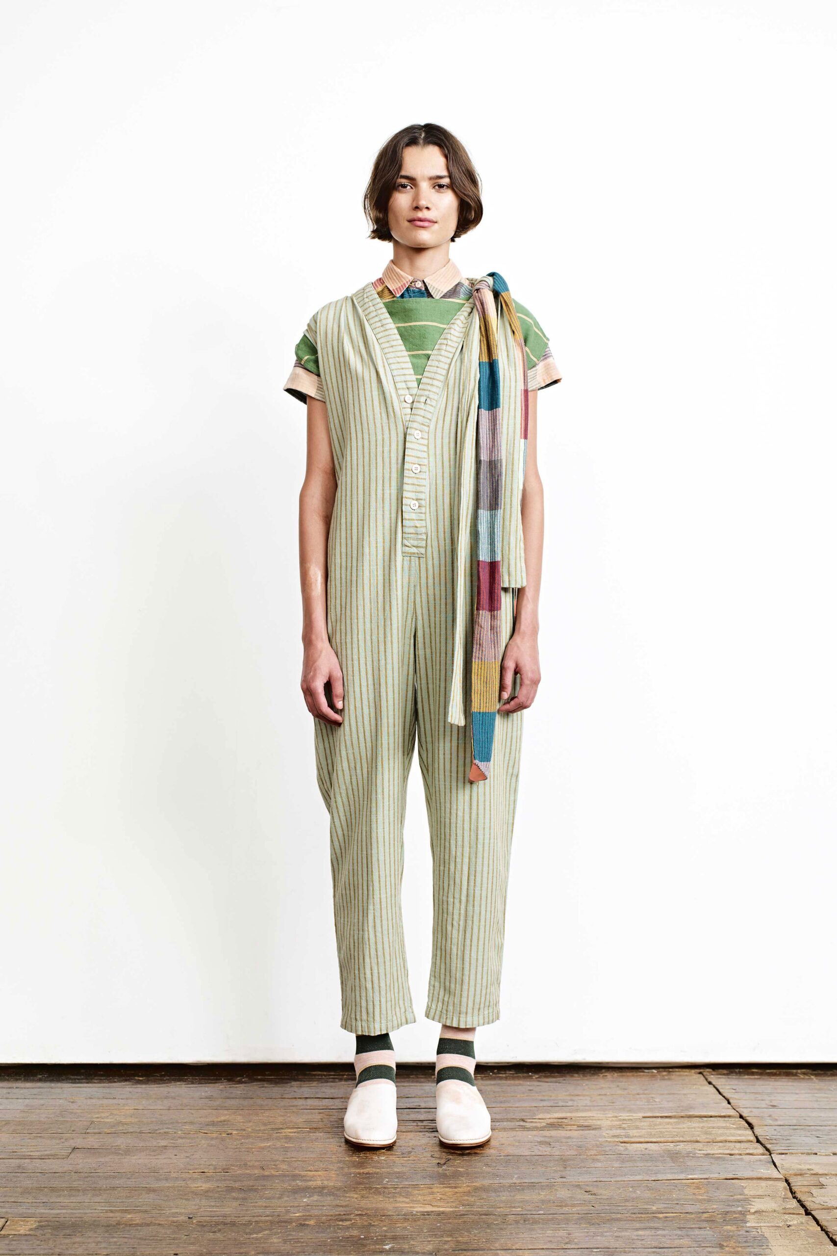 green and white striped jumpsuit with scarf