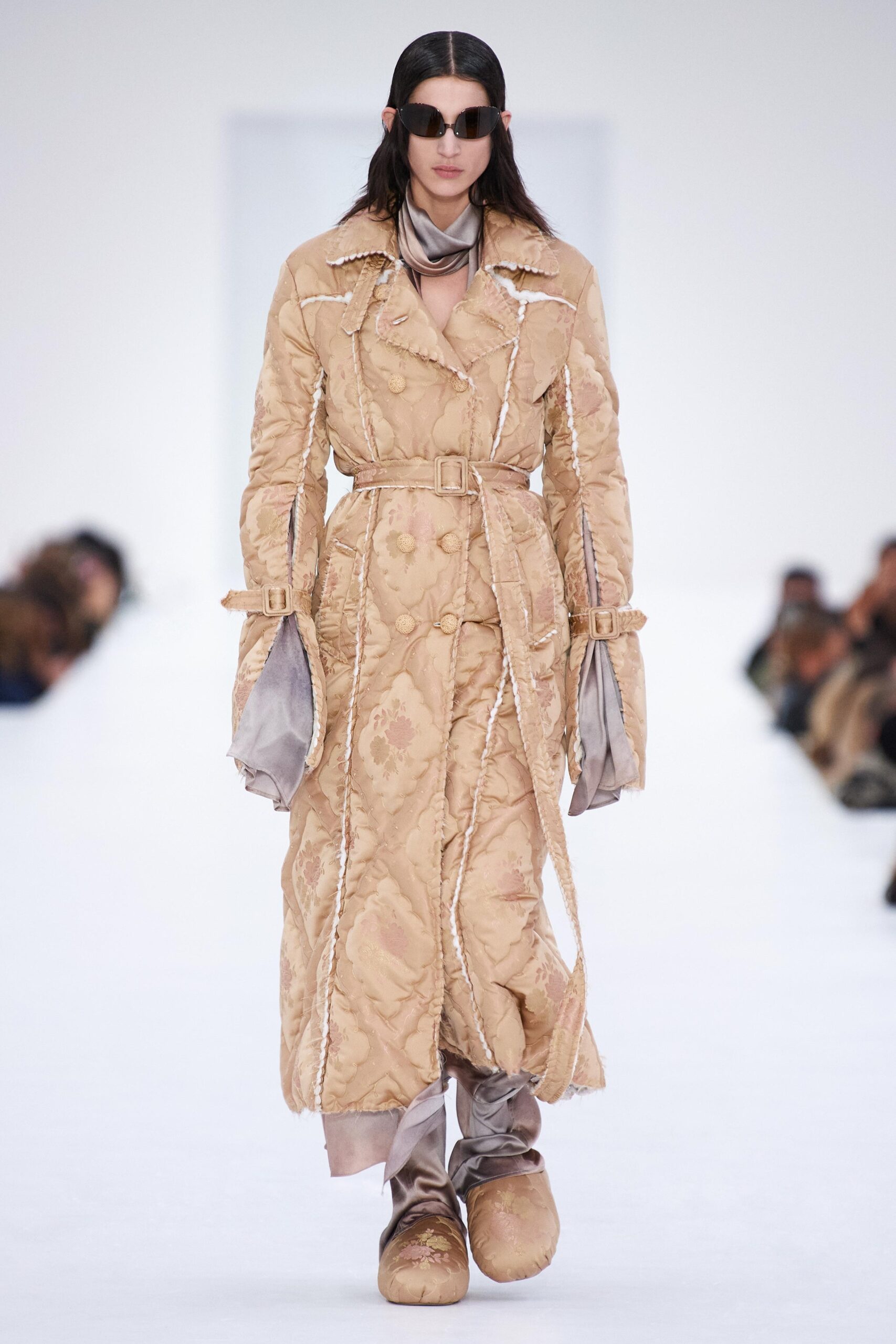 beige silk long-sleeve collared fitted belted quilted trench