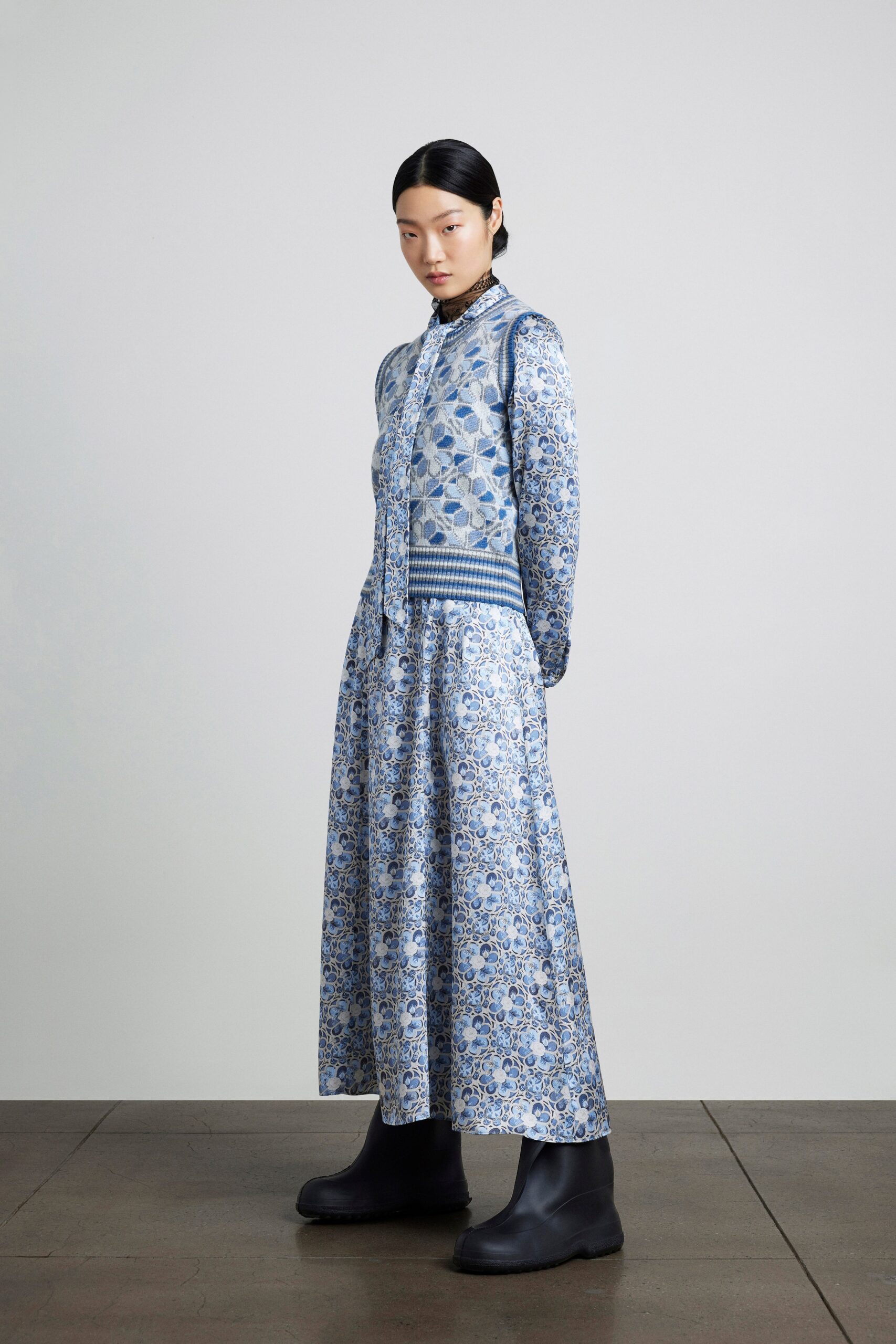 blue and white printed maxi dress