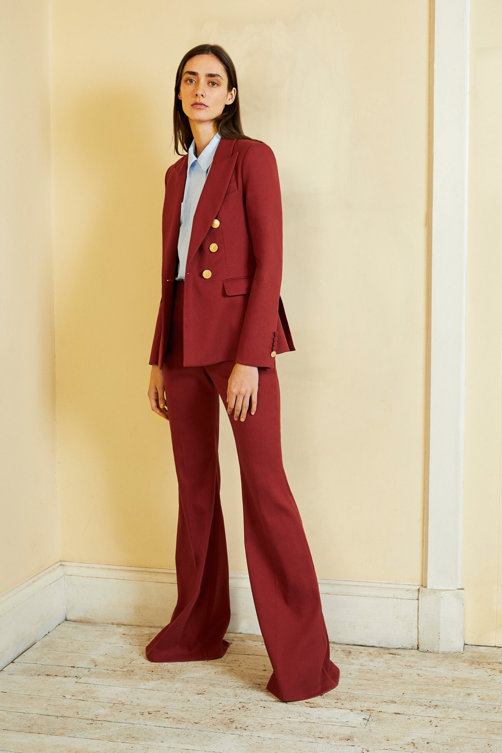 red long-sleeve collared tailored blazer