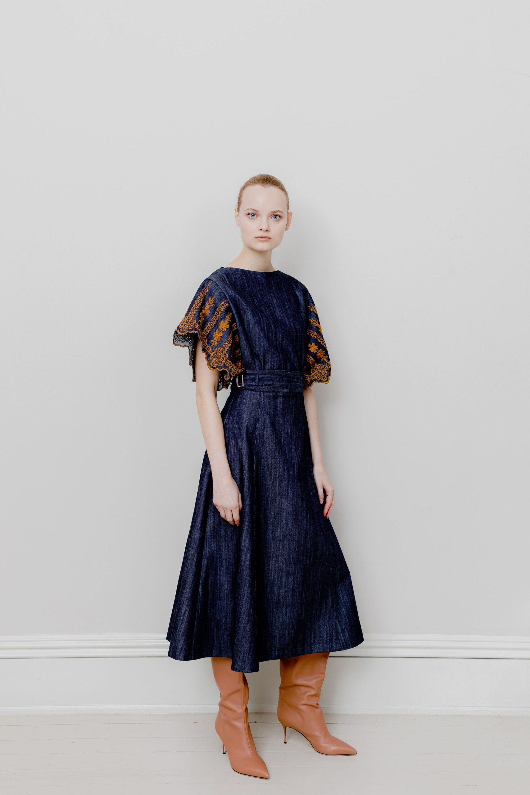 blue denim short-sleeve collared fitted a-line midi dress