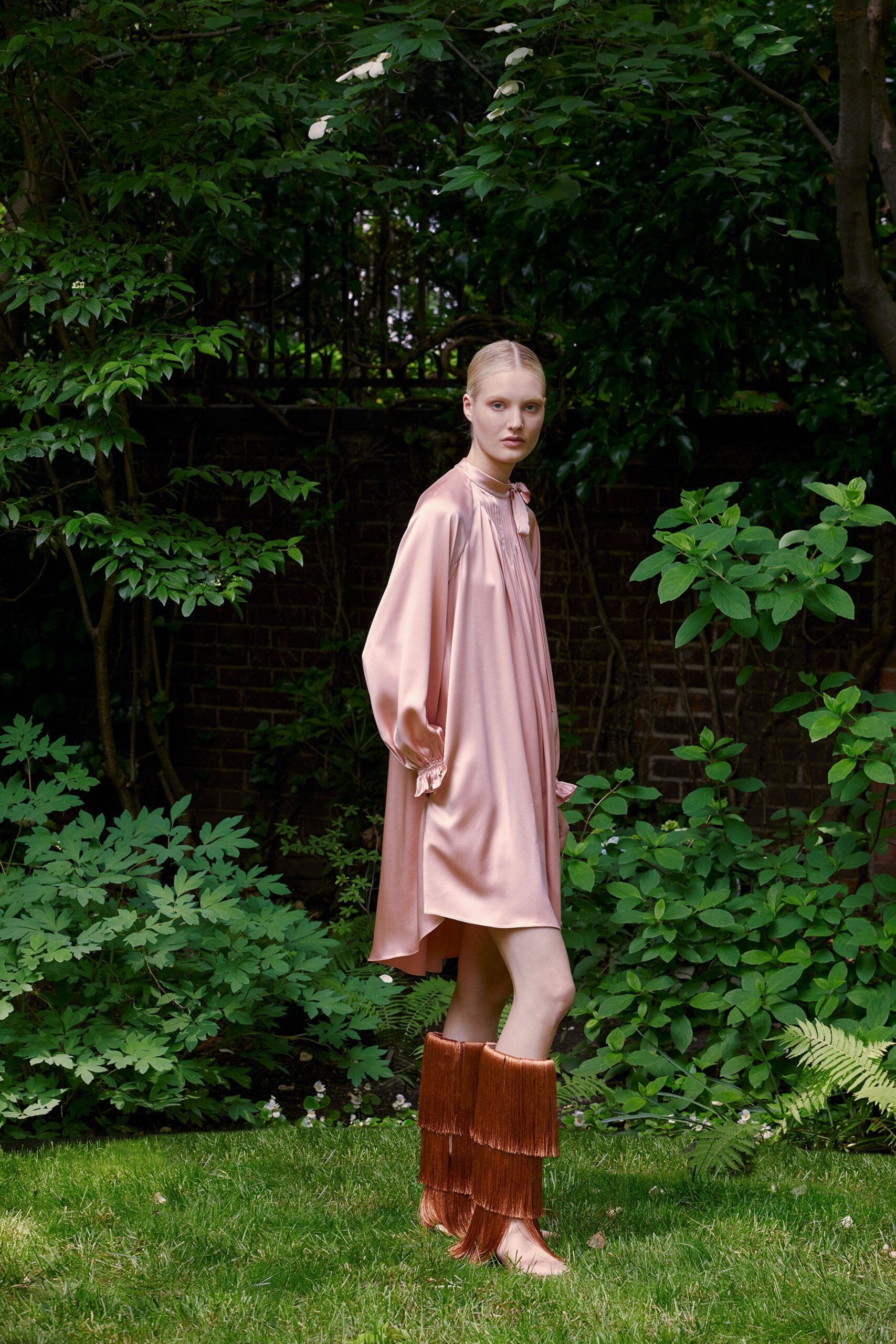 pink silk long-sleeve collared relaxed draped flowing dress