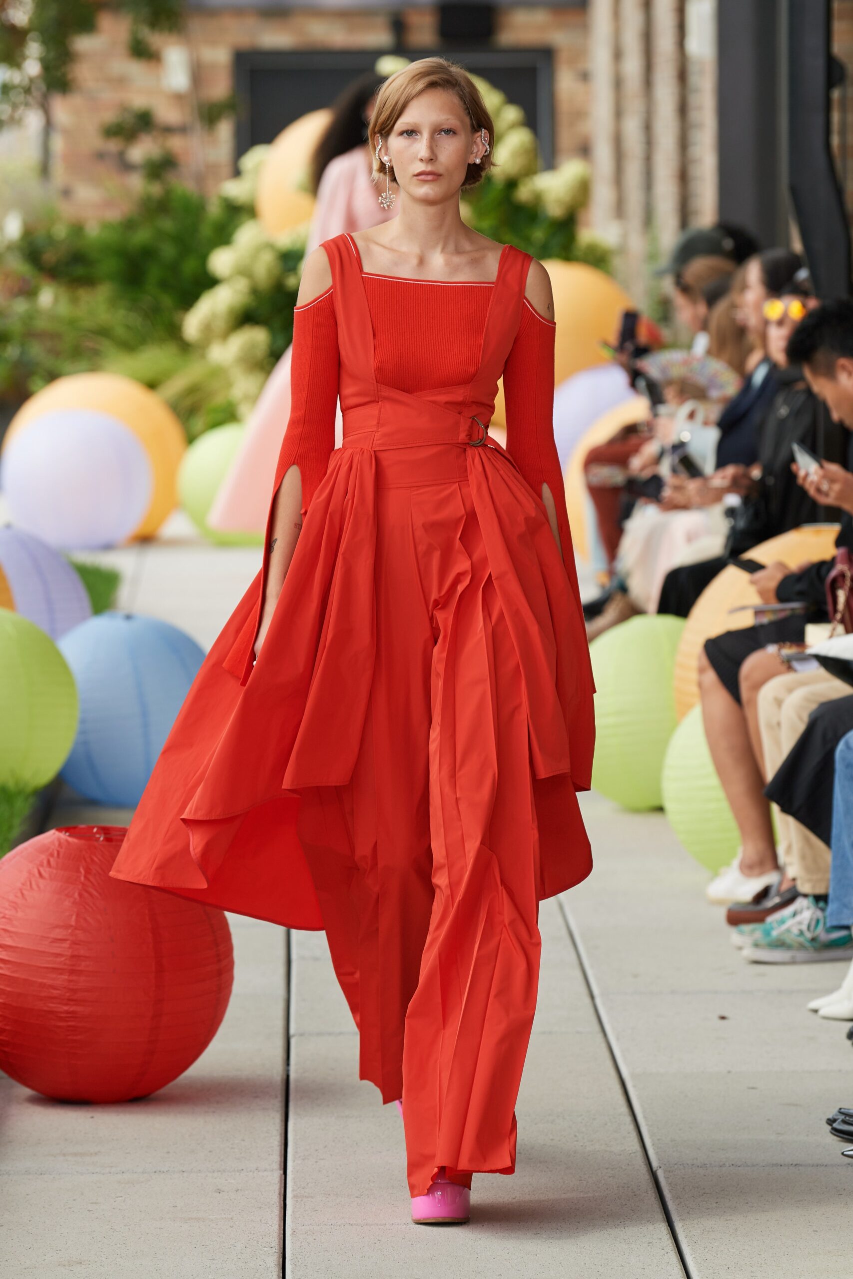 red tiered off-shoulder dress